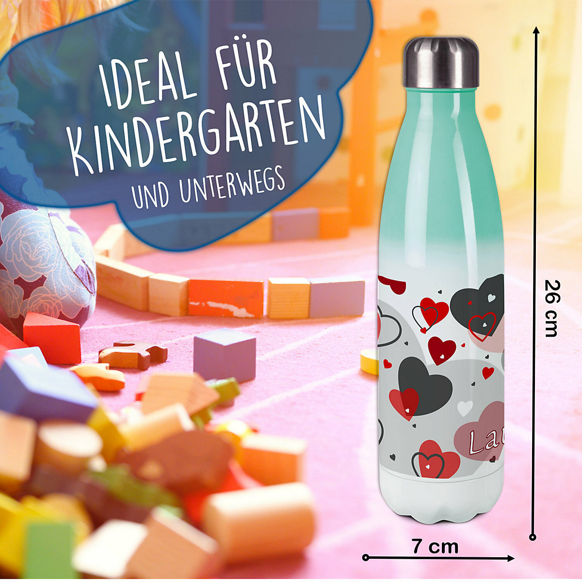 Edelstahl Kinder Thermoflasche / Trinkflasche bunt Herz Farbe rot grau Spülmaschinenfest, Auslaufsicher, Bruchfest, Doppelwandig, Für Heißgetränke geeignet, Mit Deckel, Isoliert