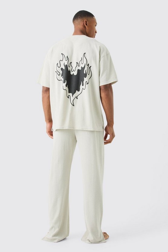 Loungewear T-Shirt und Jogginghose mit Herz-Print in Waffeloptik
