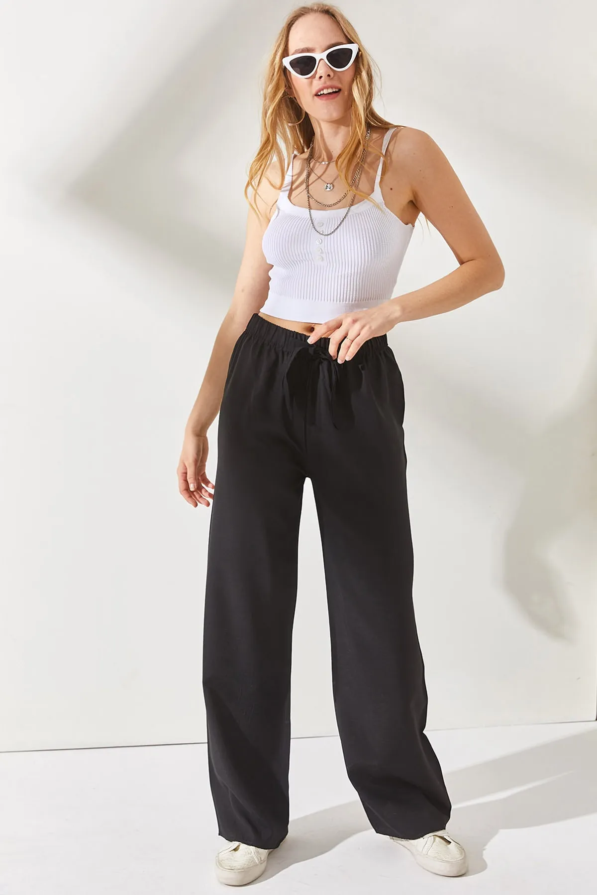 Olalook  Schwarze Palazzo-Leinenhose mit elastischem Bund und Schnürung für Damen PNT-19000219