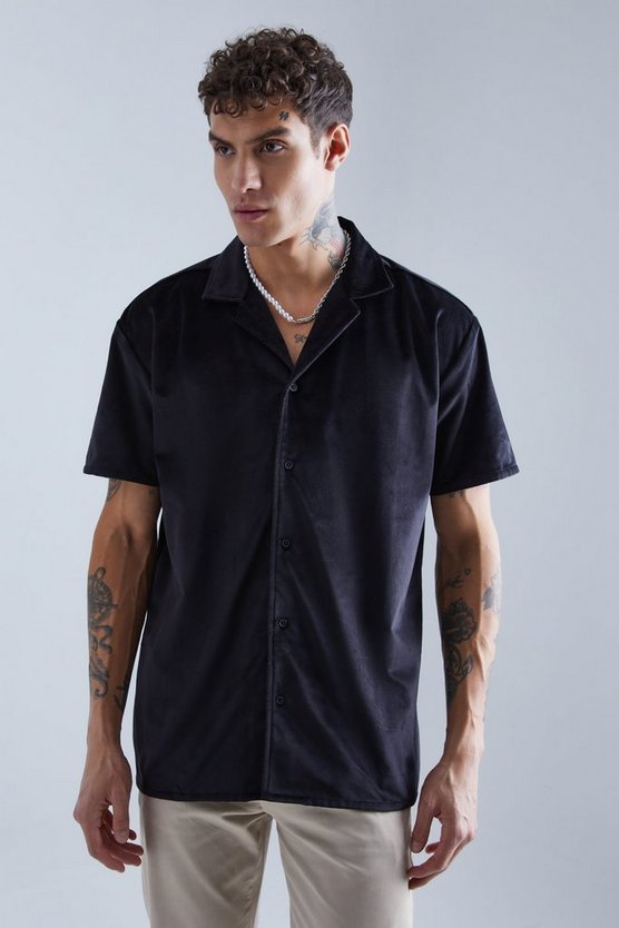 Kurzärmliges Oversize Velour-Hemd