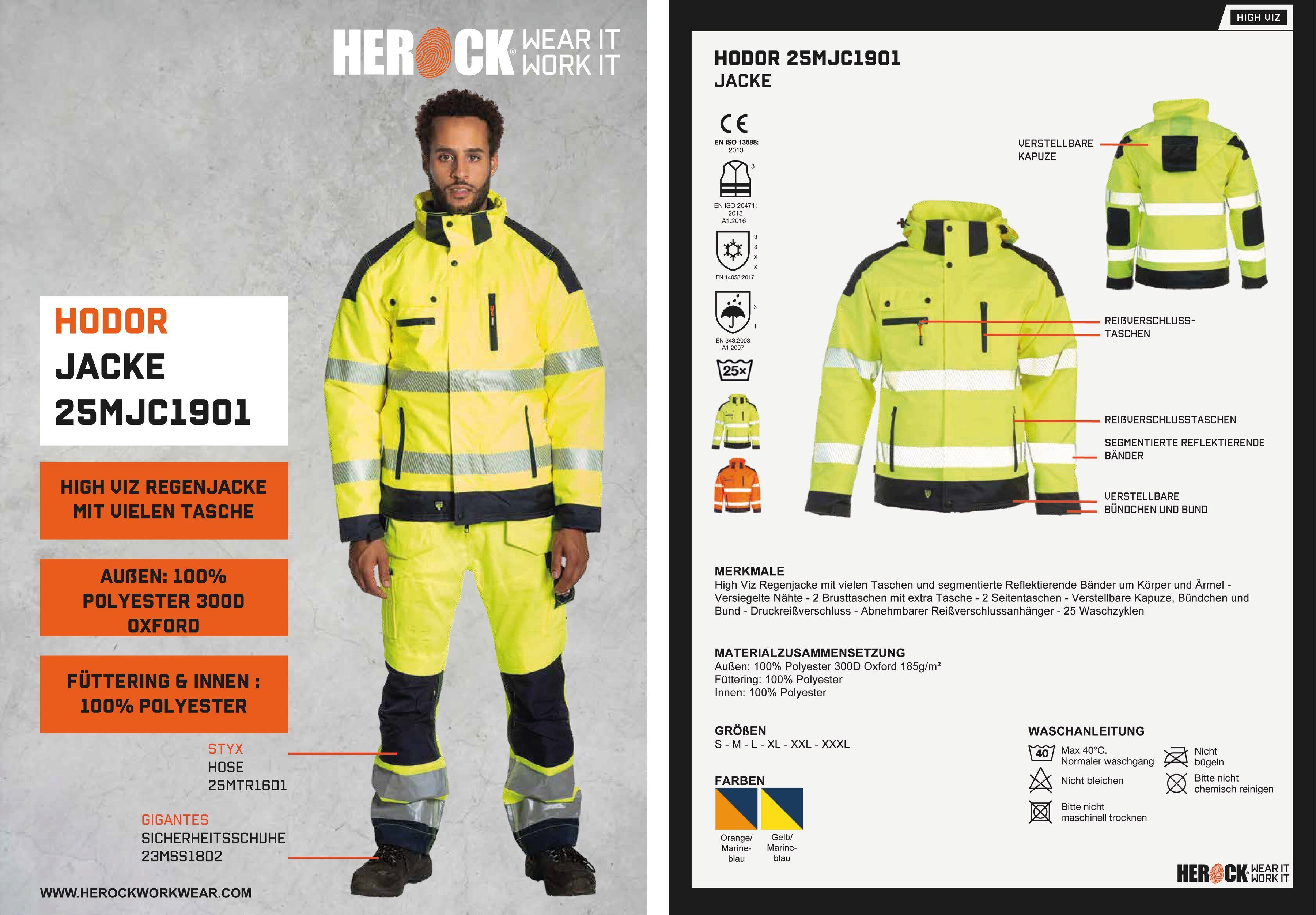 Herock Arbeitsjacke Hodor HIGH VIZ Regenjacke, atmungsaktiv, winddicht, viele Reissverschlusstaschen