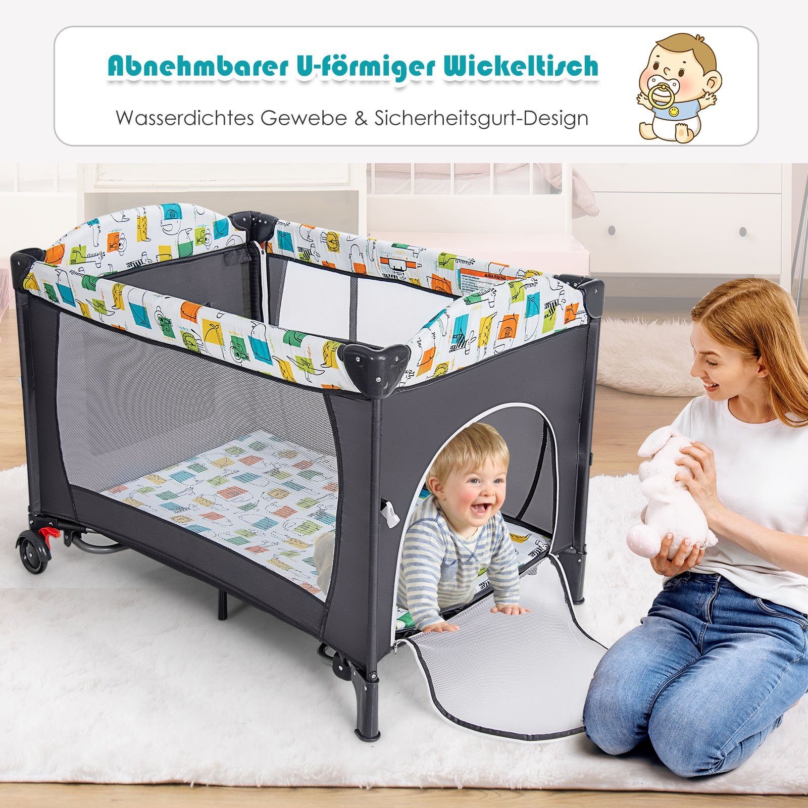 COSTWAY Baby-Reisebett 5 in1 Beistellbett, mit Matratze, höhenverstellbar