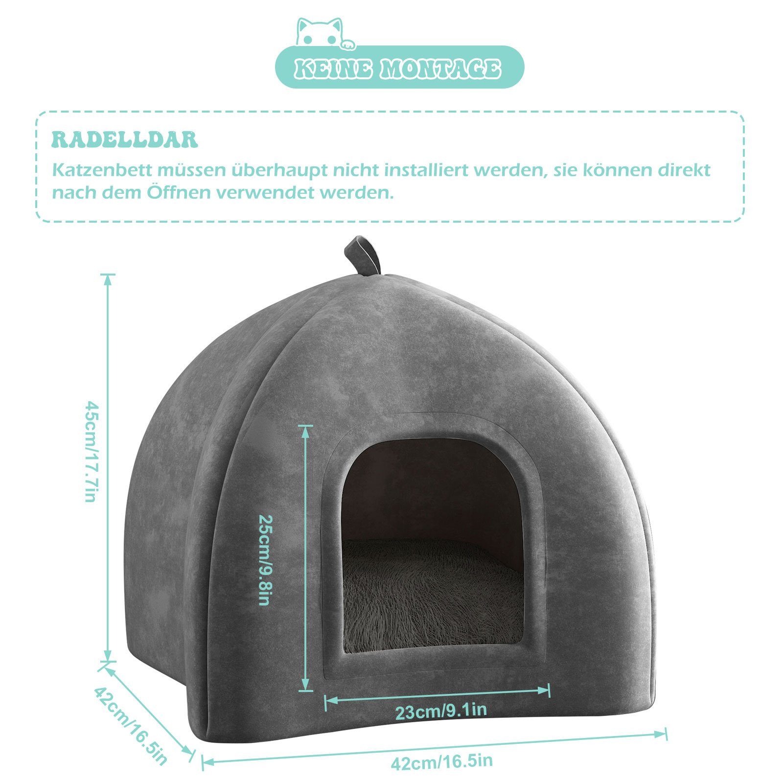 radelldar Tierbett Katzenhöhle Katzenbett große Katzen flauschig waschbar 42x42x45cm, Samt, Katzenhaus klappbar mit Kissen