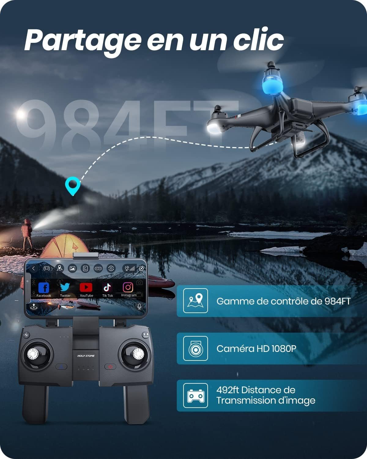 HOLY STONE HS110G GPS Drohne mit Kamera HD Live Übertragung für Kinder Drohne (1080P, mit 2 Akkus Lange Flugzeit,APP Handy gesteuerte FPV Drohnen mit Tasche)