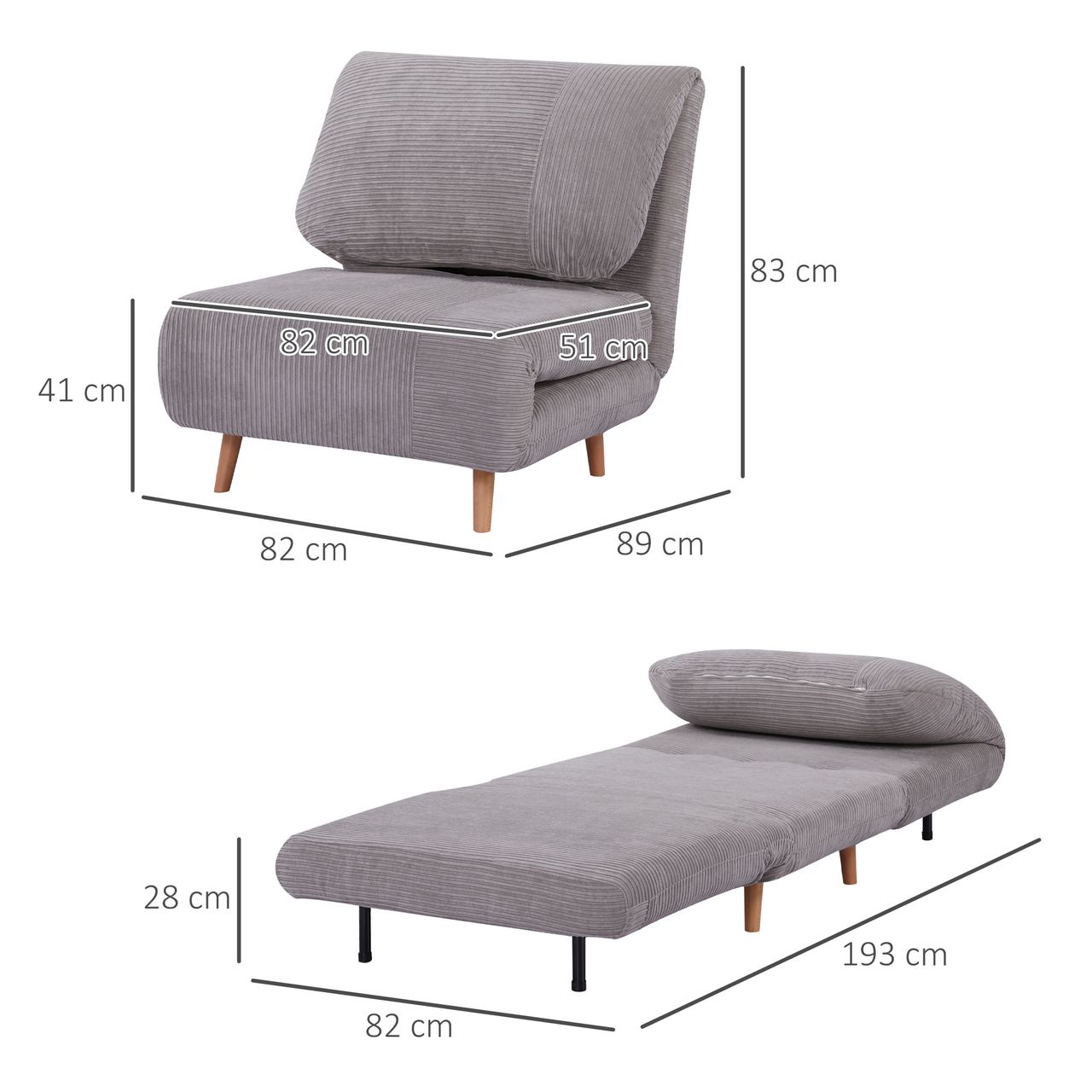 HOMCOM 2-in-1 Schlafsofa Schlafsessel Klappmatratze Gästebett Klappbett Hellgrau