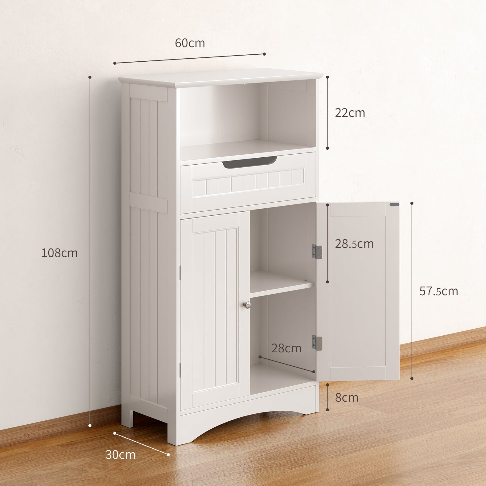 Bealife Badkommode Badezimmerschrank, mit offenem Fach, 1 Schubladen, 60x30x108cm, Weiß