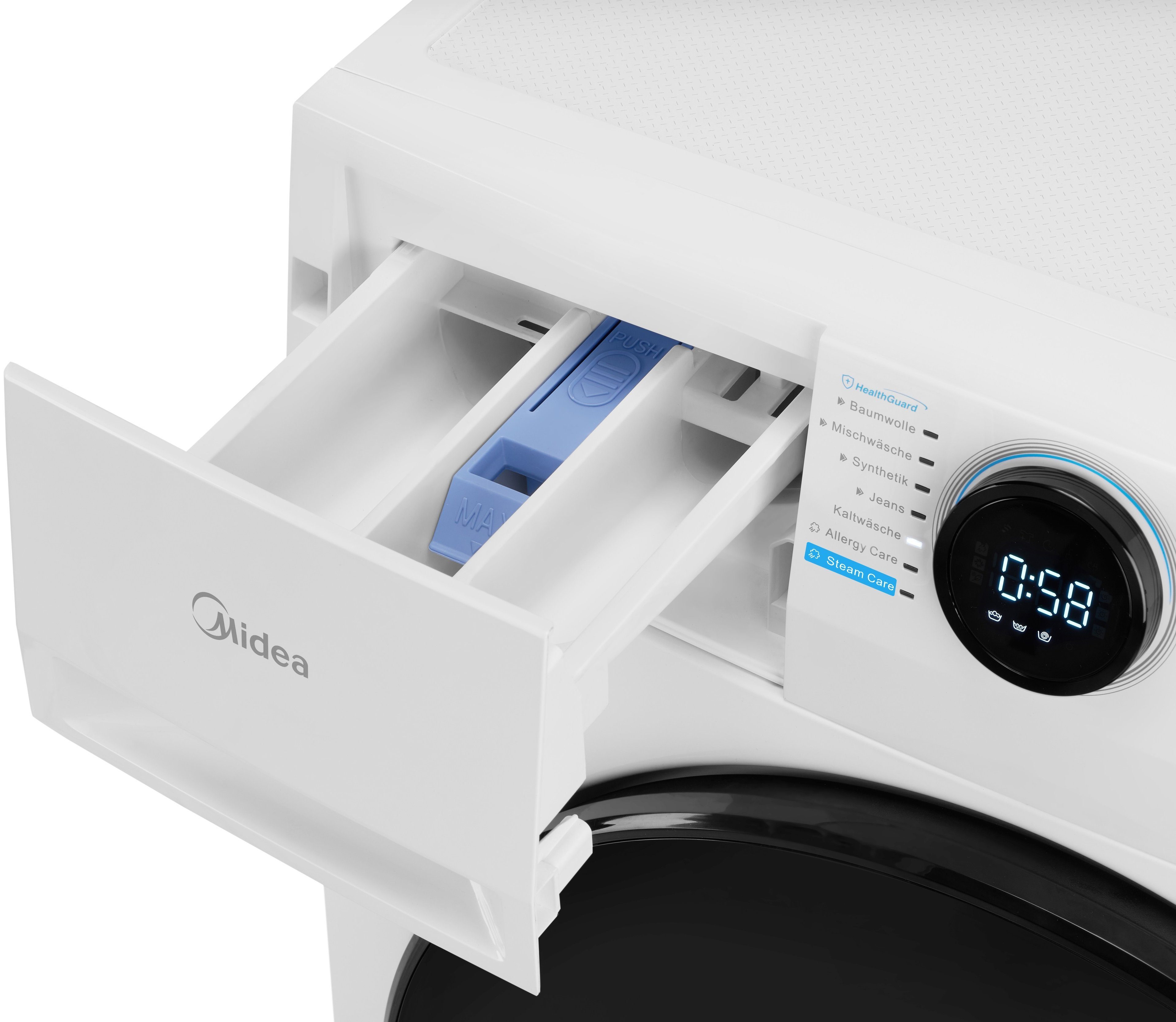 Midea Waschmaschine MF200W80B-E, 8 kg, 1400 U/min,48cm tief, Steam Care, Nachlegefunktion, Schnellwäsche