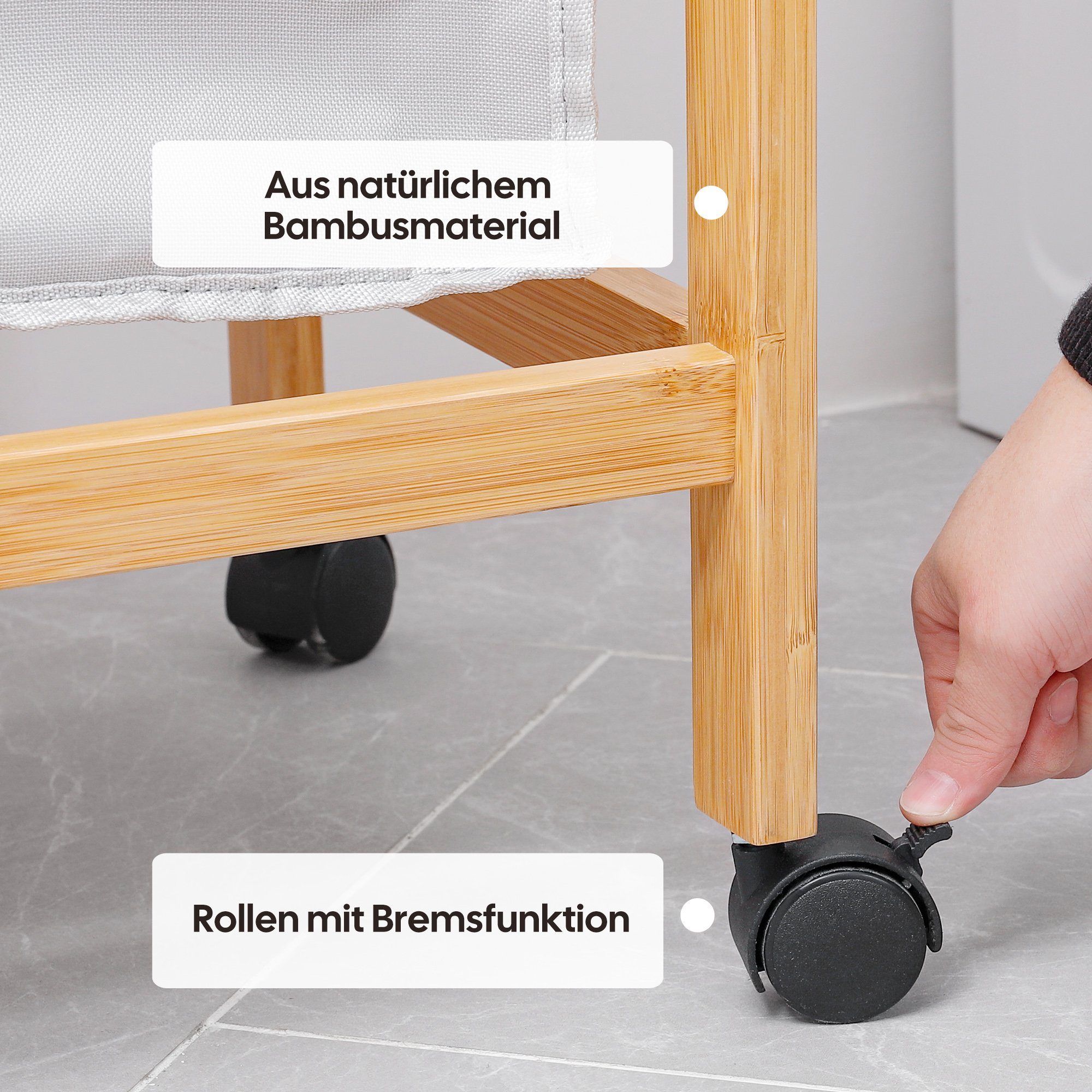 Yorbay Wäschekorb Wäschesammler aus Bambus, mit 2 abnehmbaren Aufbewahrungskörben (Mit Rollen, Ablage, 80kg belastbar), Badregal Wäschewagen Wäschebehälter für Badezimmer, Waschküche