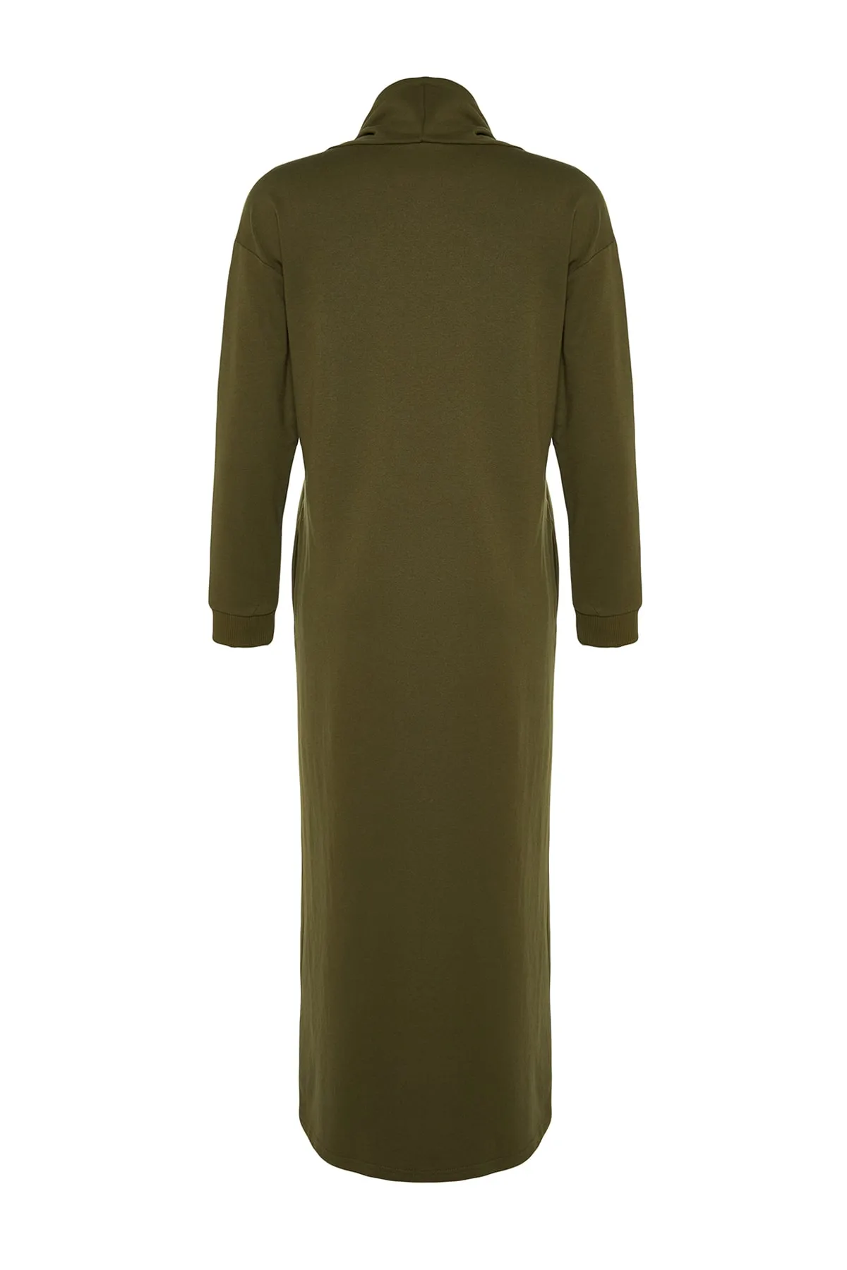 Trendyol Modest  Khakifarbenes Maxi-Strickkleid mit Degaje-Kragen und Spitzendetail TCTSS22EB0132