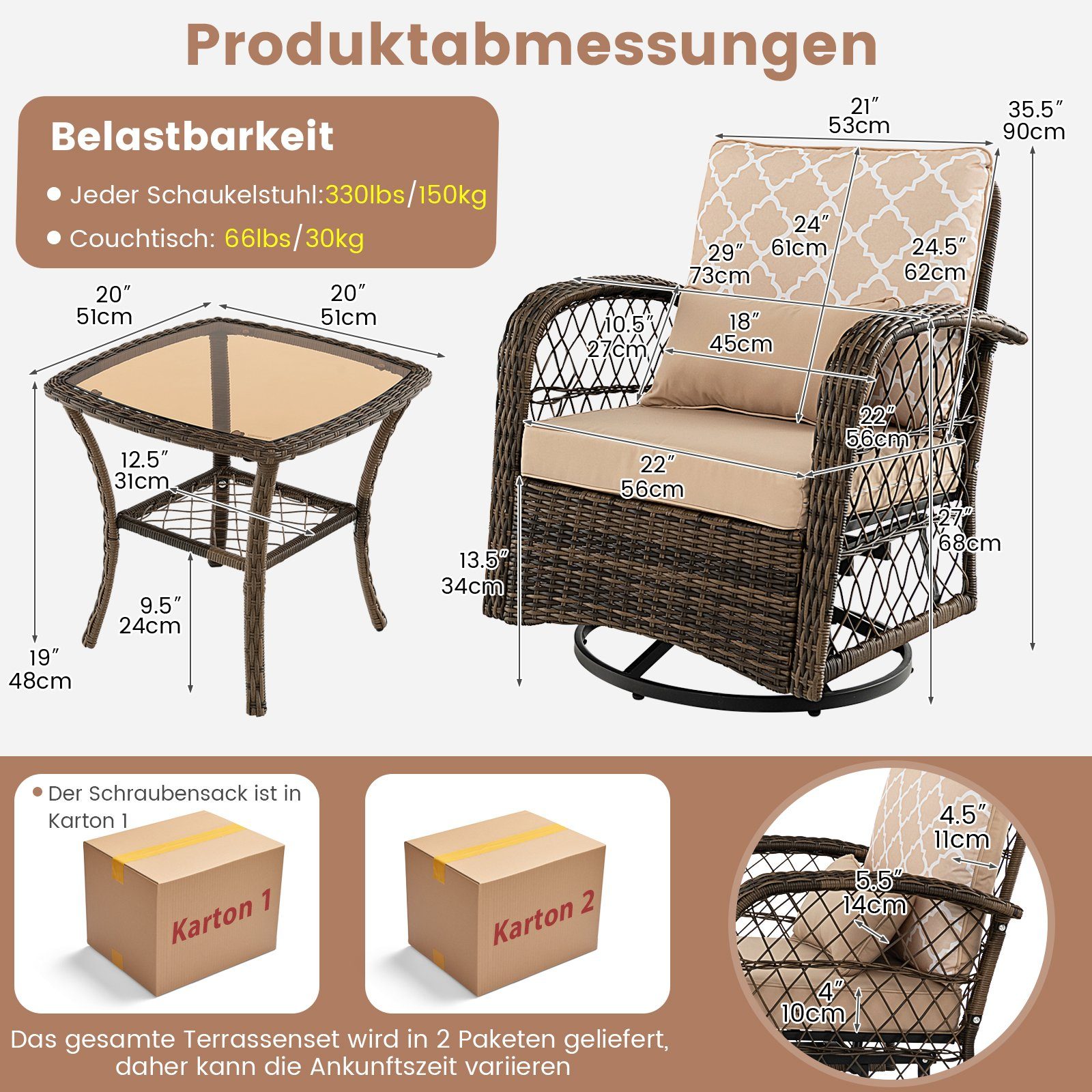 COSTWAY Balkonset, (3-tlg), 3 teilig mit Tisch & 2 Schaukelstühle