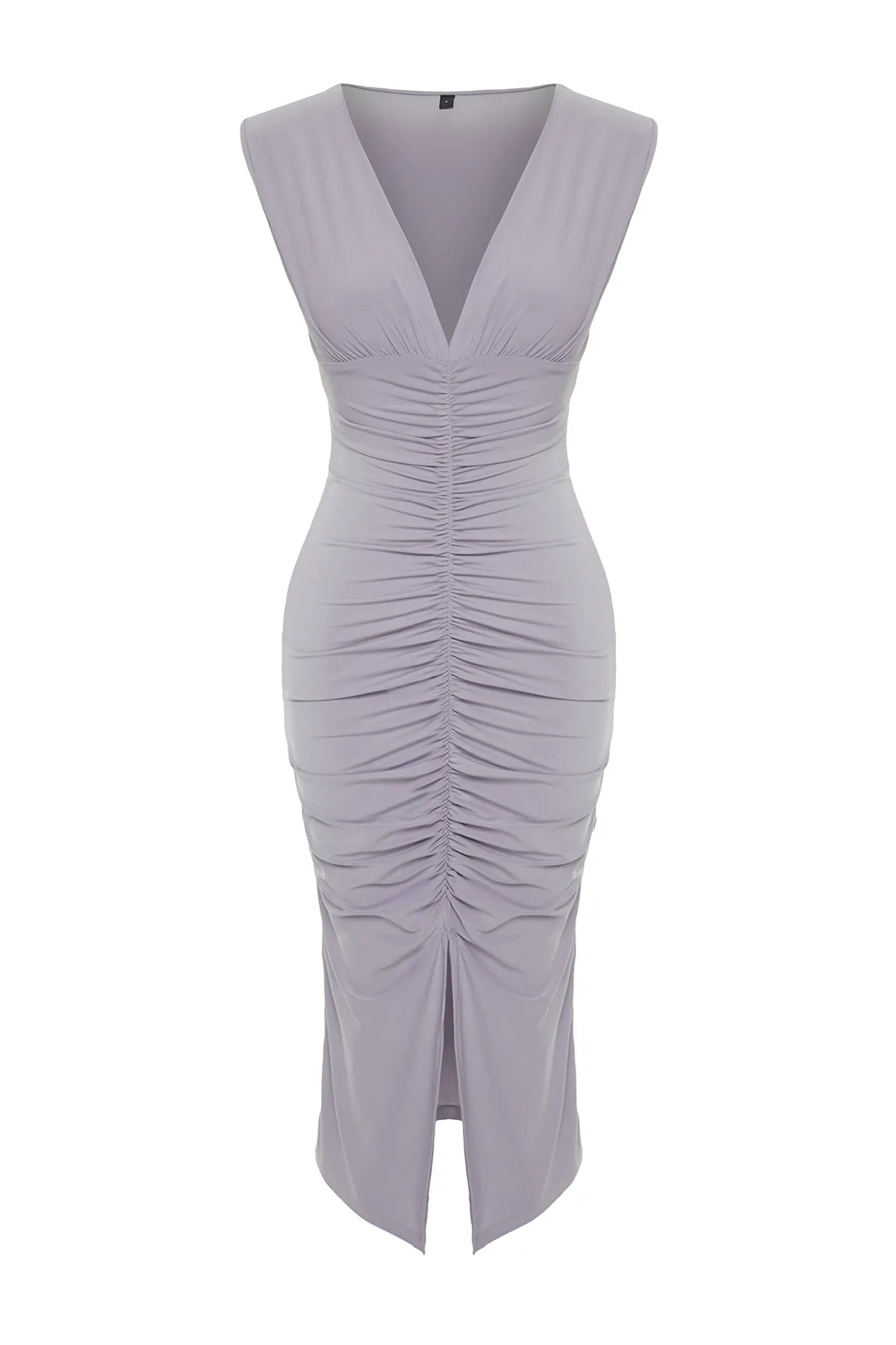 Trendyol Collection  Graues tailliertes/körperbetontes Midi-Bleistiftkleid aus flexiblem Strick mit Raffung TWOSS23EL00751