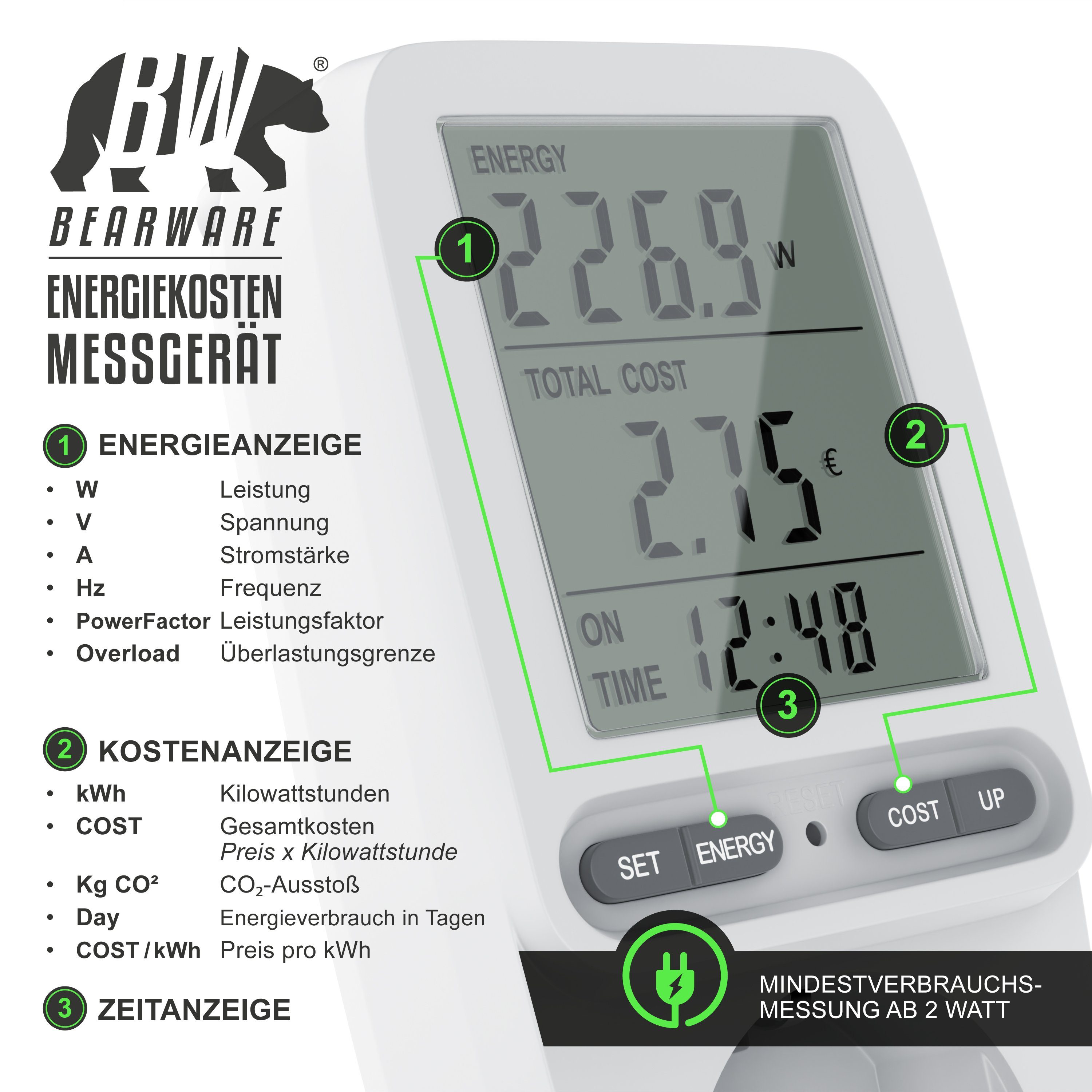 BEARWARE Energiekostenmessgerät, Stromkostenmessgerät, max. 3680 W, Strommesser, Stromverbrauchszähler