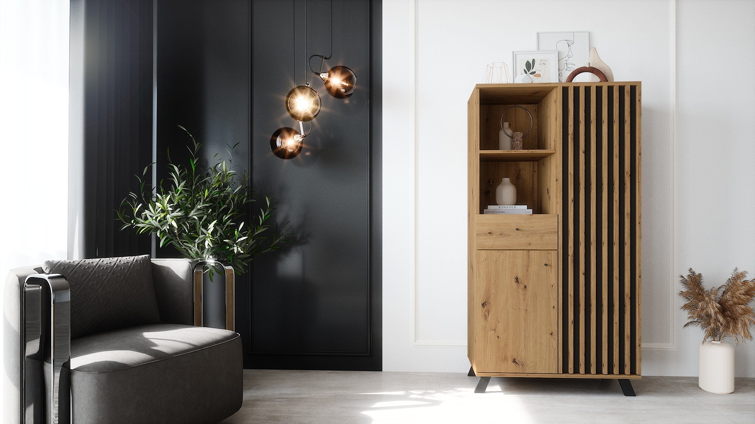 Newroom Highboard Barea, Wildeiche Highboard Modern Wandpaneel Vintage Sideboard Anrichte Wo...