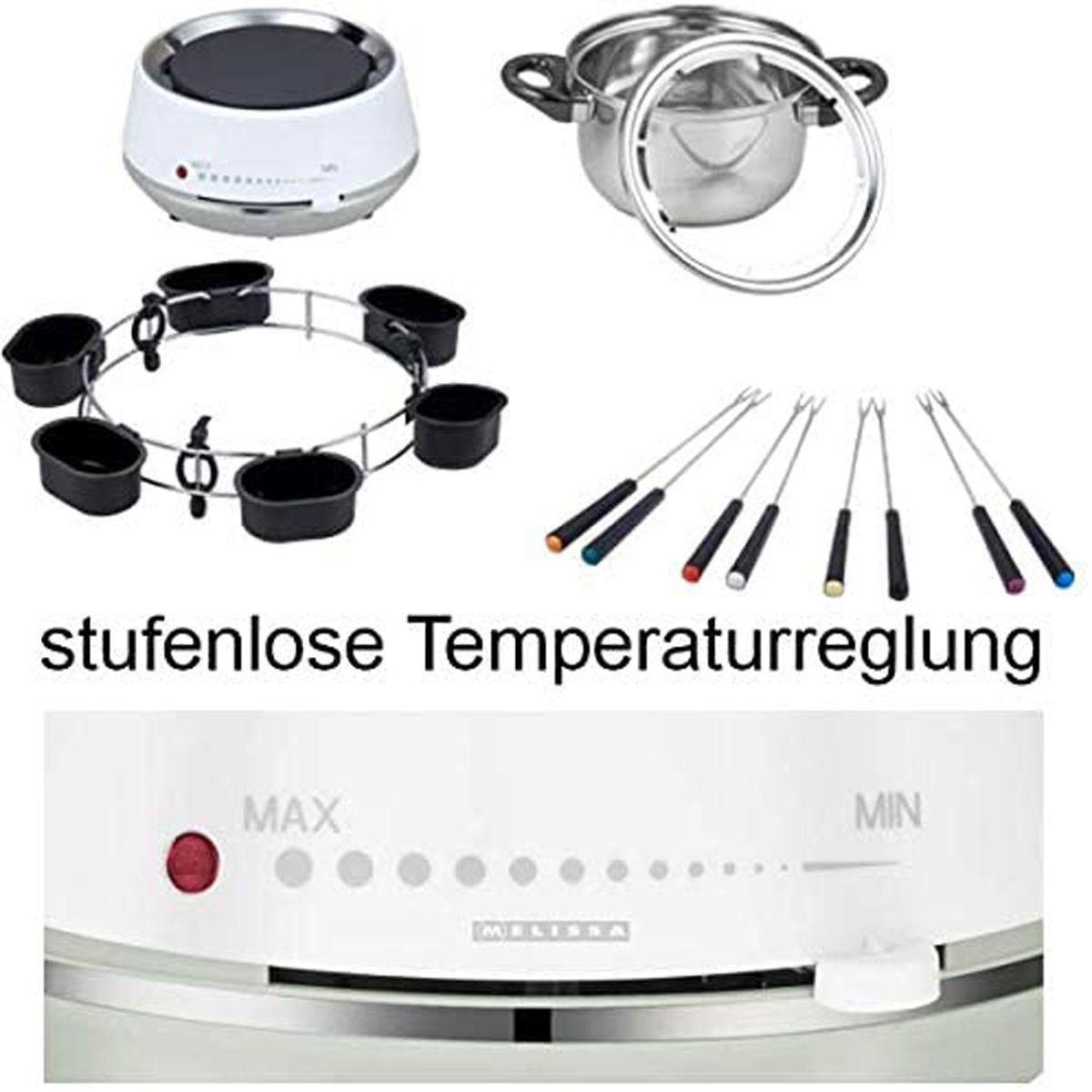 MELISSA Raclette und Fondue-Set 16310230 Elektro-Fondue mit praktischem Drehring mit 6 Saucenbechern, 1200 W
