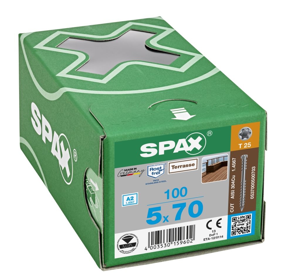 SPAX 0537000500703 Terrassenschraube 5 x 70 mm, Befestigungsgewinde, Zylinderkopf, T-STAR plus T25, Schnittpunkt – 100 Stück