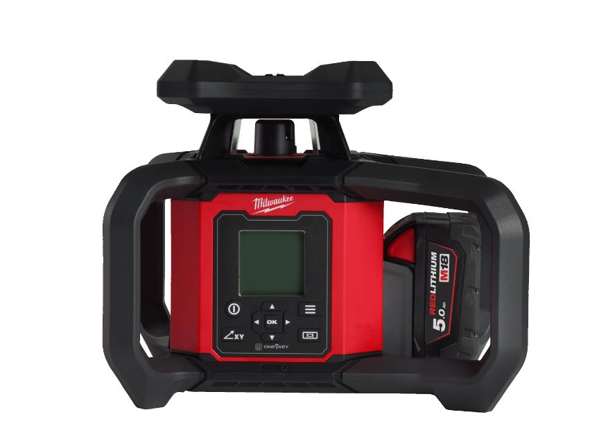 Milwaukee M18 RLOHV1200-501C vízszintes/függőleges forgó dupla dőlésszögű piros lézer 18 V 5.0 Ah Li-ion akkumulátorral (4933493204)