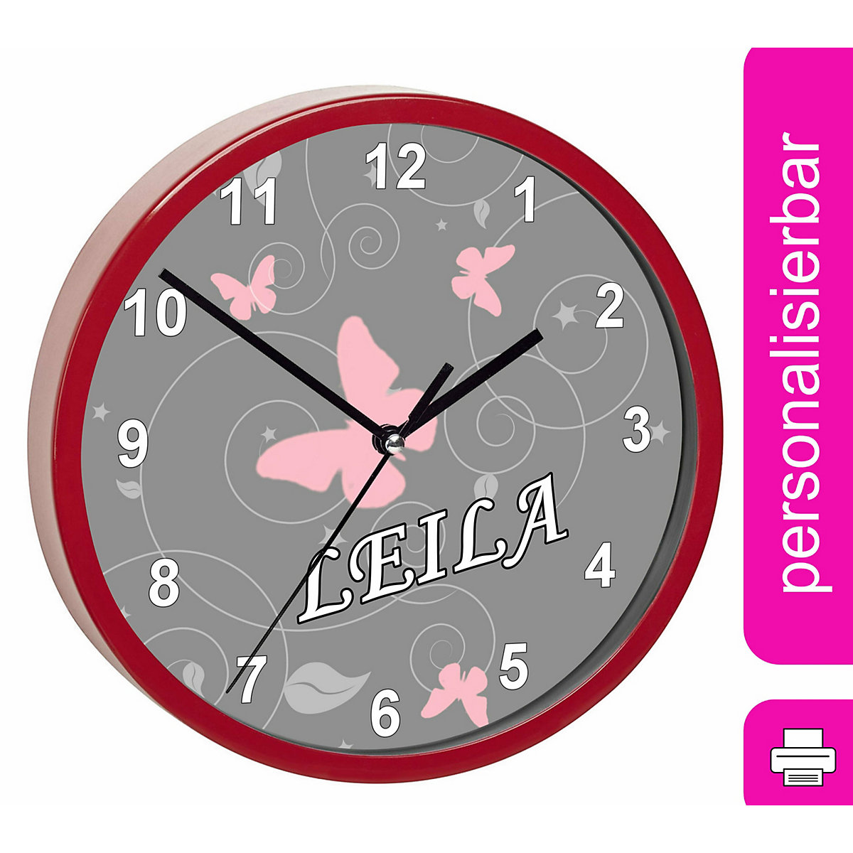 Kinder Wanduhr personalisiert mit Name Schmetterling Ornamente pink weiß grau