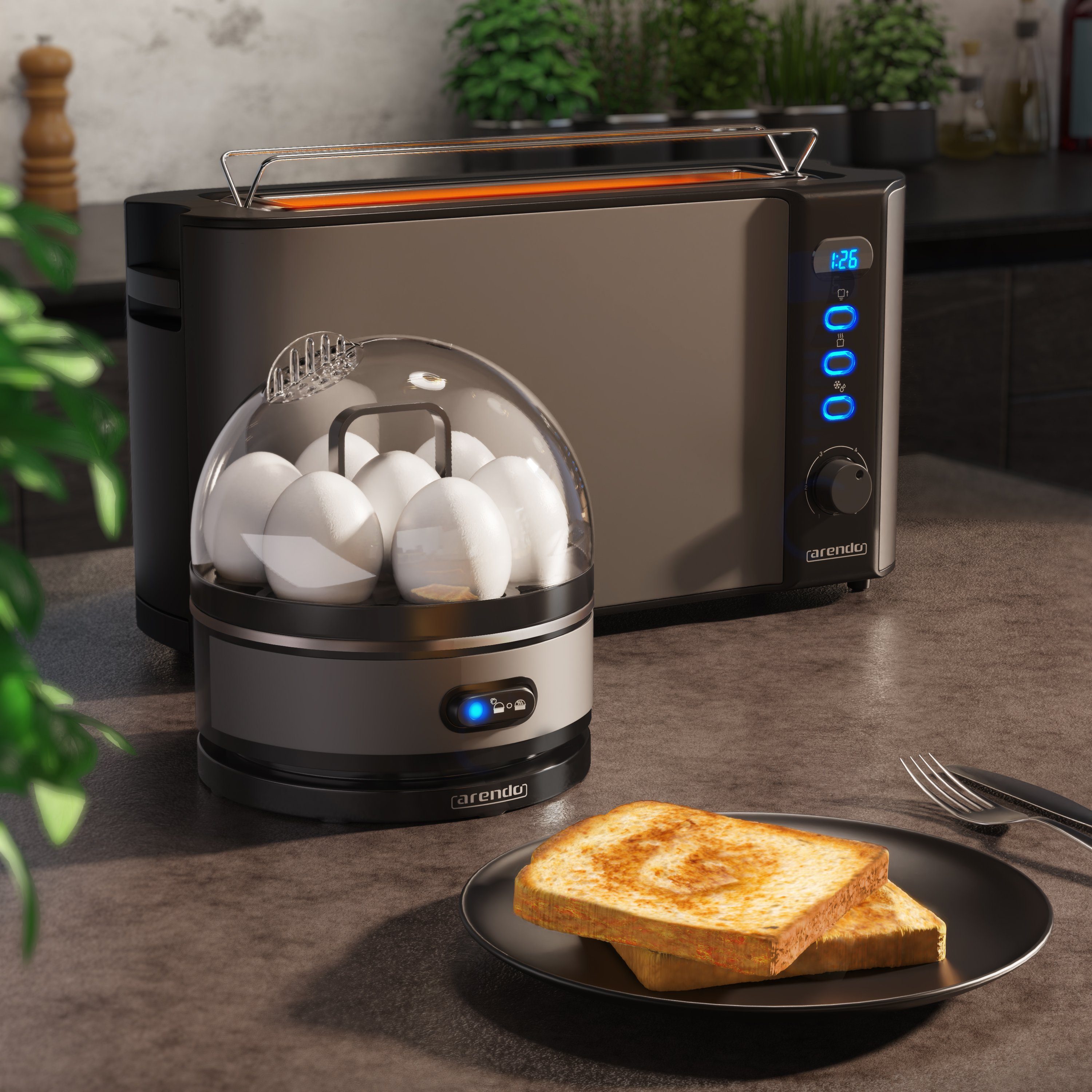 Arendo Frühstücks-Set (2-tlg), 2-Scheiben Langschlitz Toaster, 7er Eierkocher, Grau