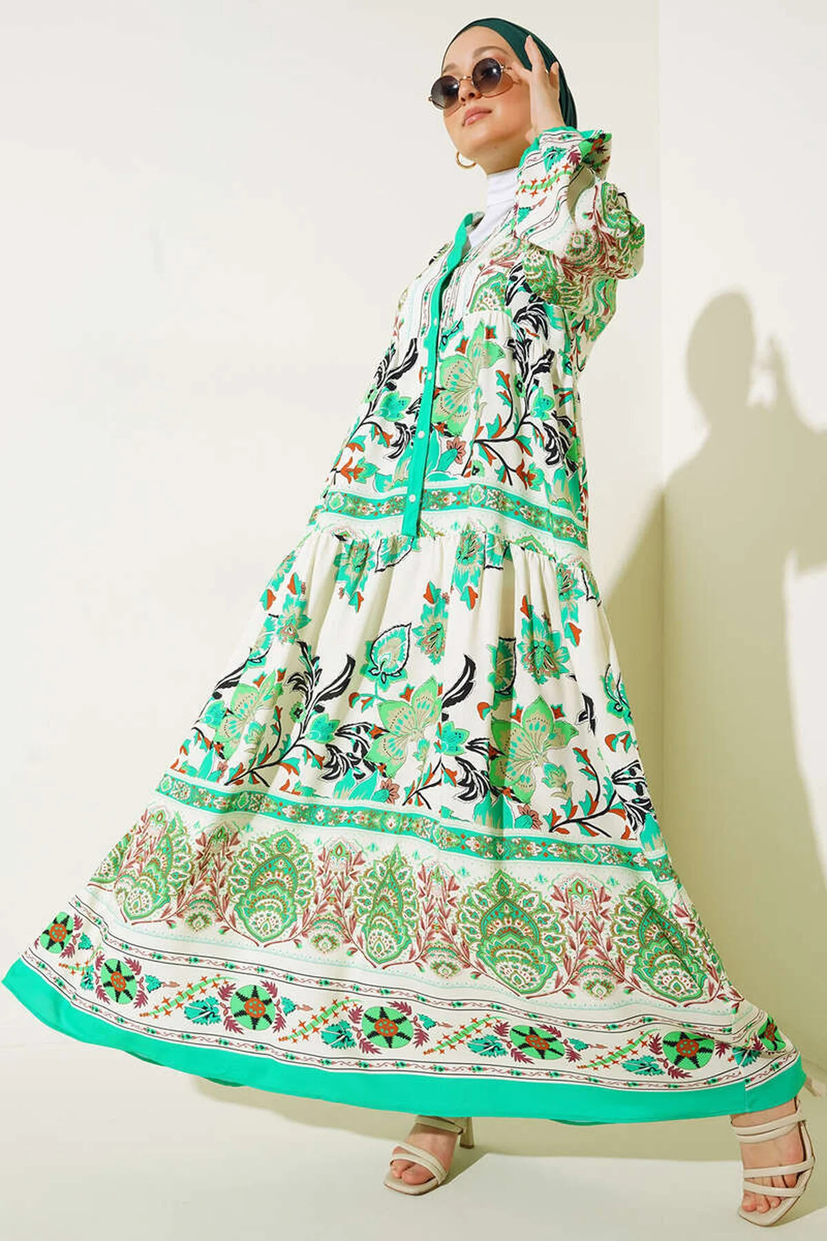 Bigdart  2423 Authentisches gemustertes Hijab-Kleid – Grün