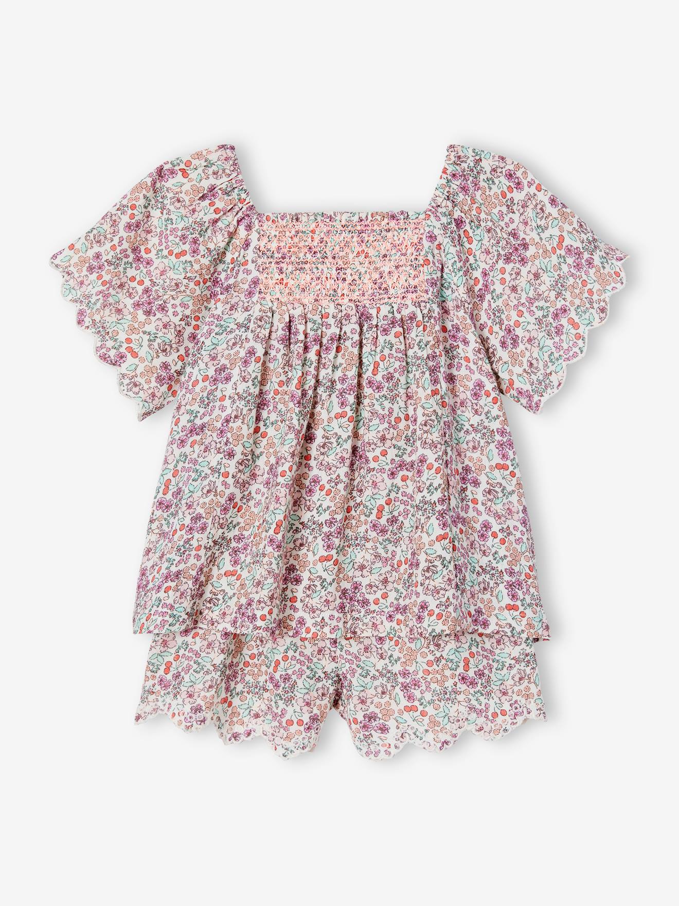 Ensemble blouse et short fille écru