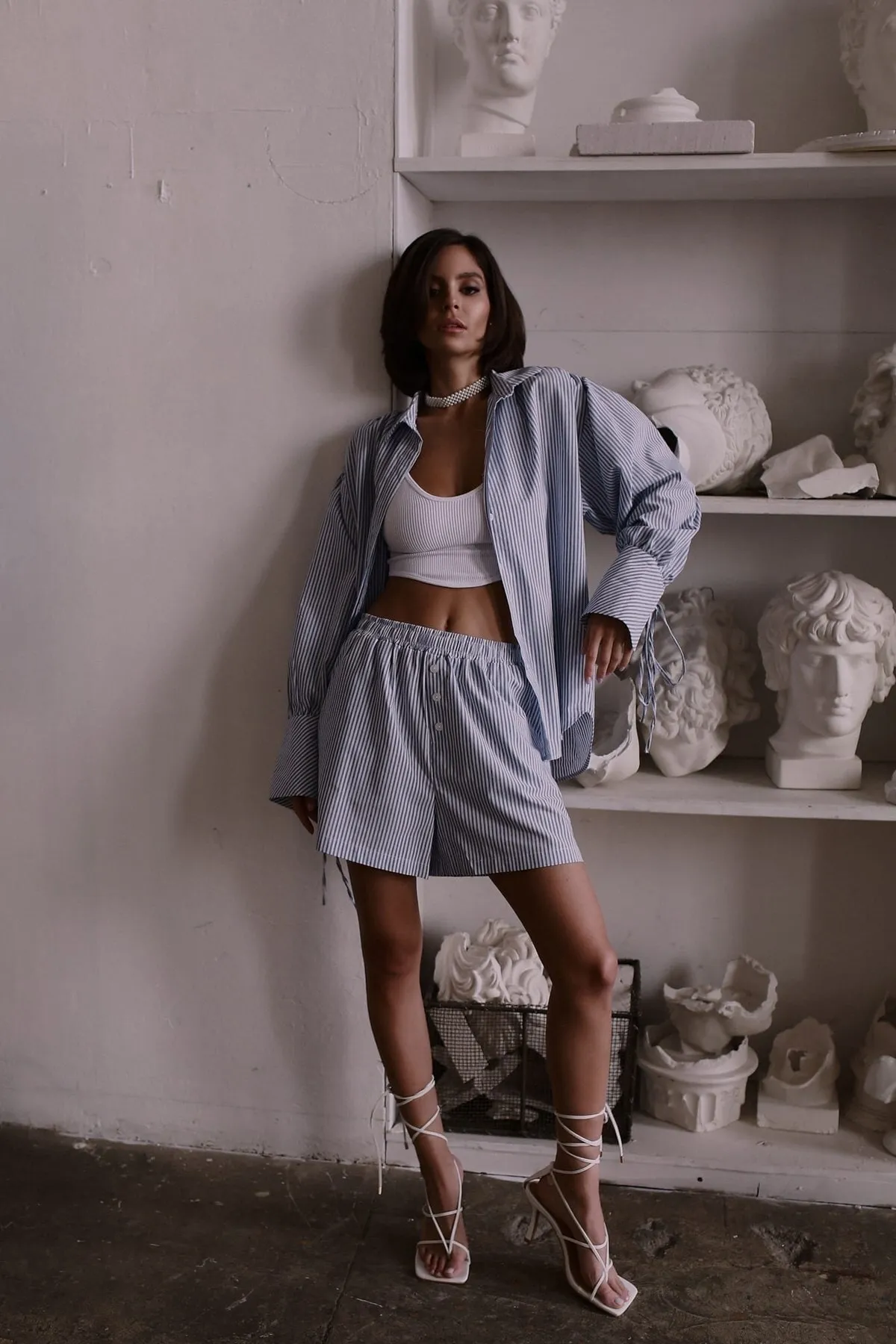MAİ COLLECTİON  Terasa Rope Detailliertes gestreiftes blaues Shorts-Set