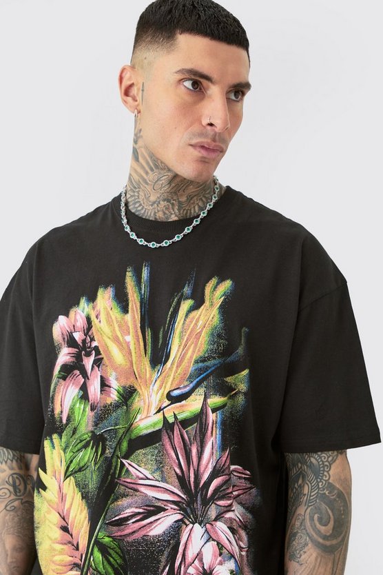 Tall Oversized Multi Floral Print T-shirt In Black