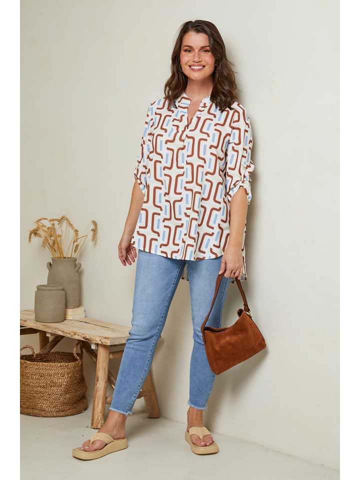 Curvy Lady Bluse in Weiß/ Braun/ Hellblau günstig kaufen