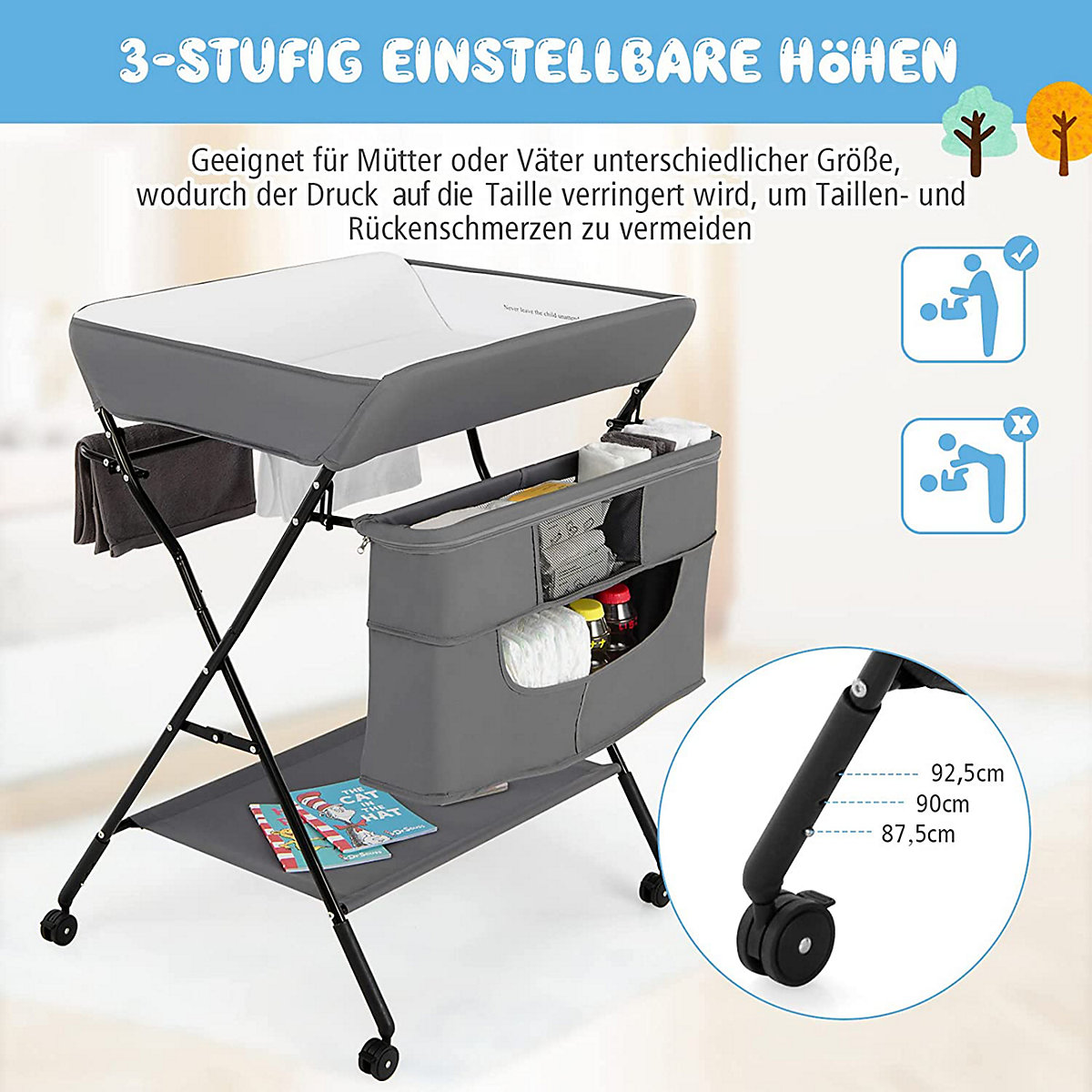 Wickeltisch 4-in-1 Höhenverstellar Klappbar mit Rädern