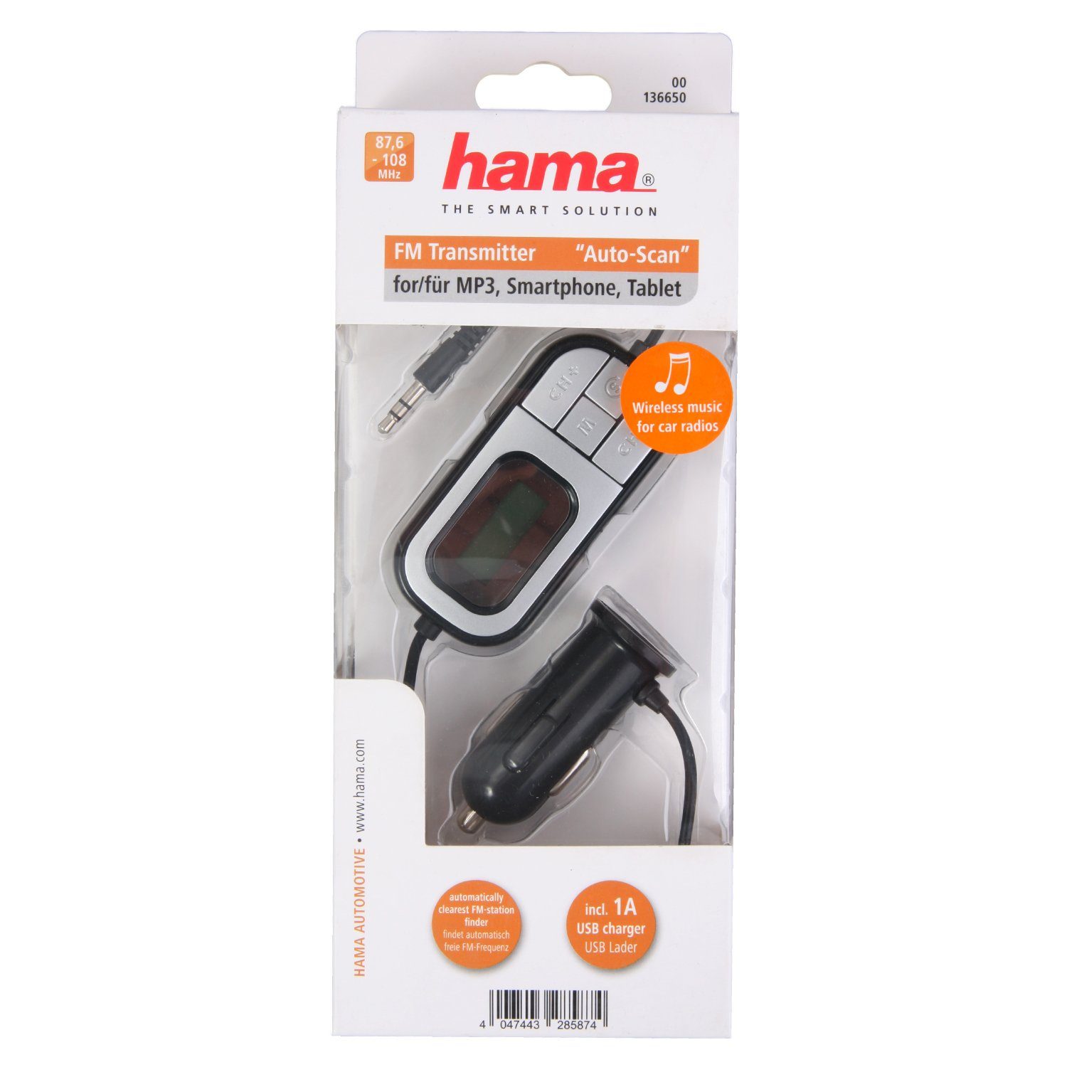 Hama FM Transmitter Display Klinke Auto-Radio AUX KFZ-Transmitter 3,5-mm-Klinkenanschluss zu 3,5 mm Klinke, Handy MP3-Player Kfz Adaper Auto-Scan