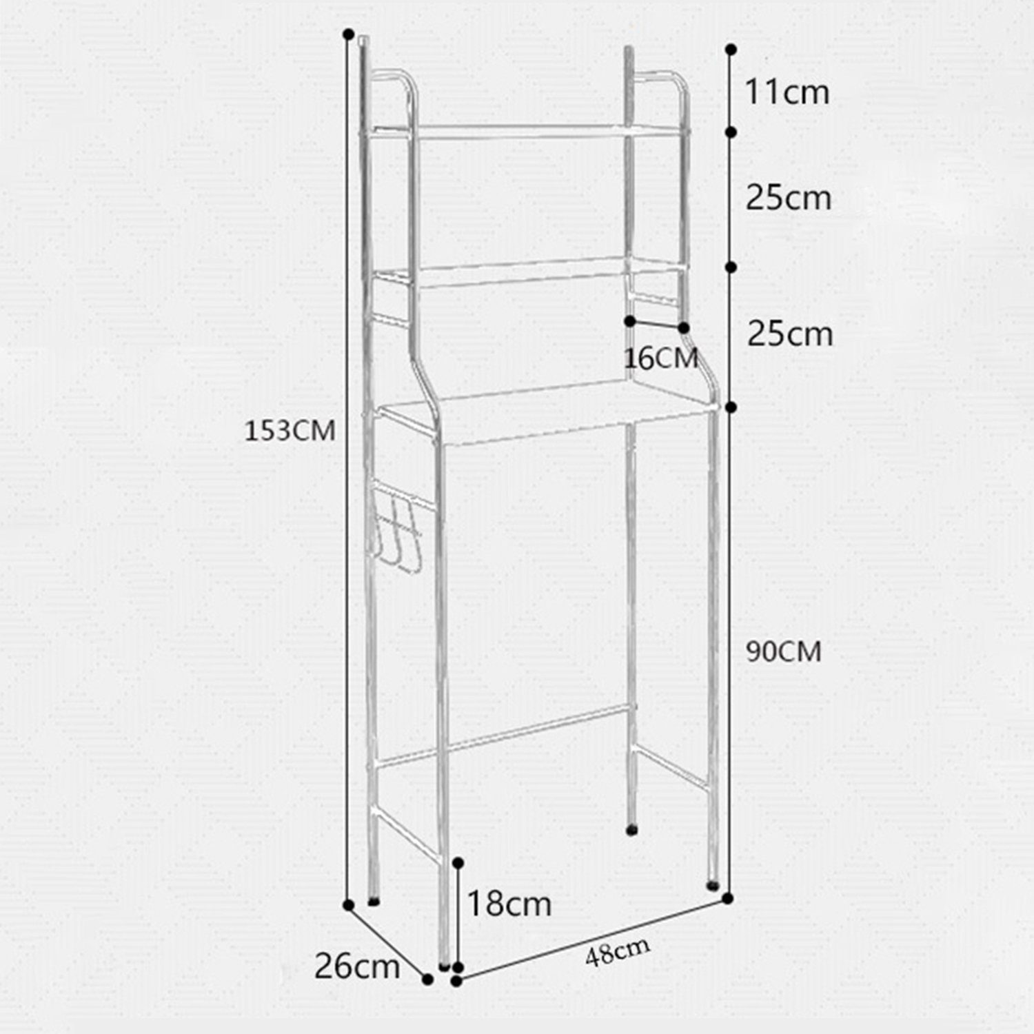 Vicbuy Badregal Standregal mit 3 Haken, 3 Etagen Stahl Toilettenregal, WC-Regal, Metall Badezimmerregal, Aufbewahrungsregal, Waschmaschinenregal, für Badezimmer, 153*48*26cm