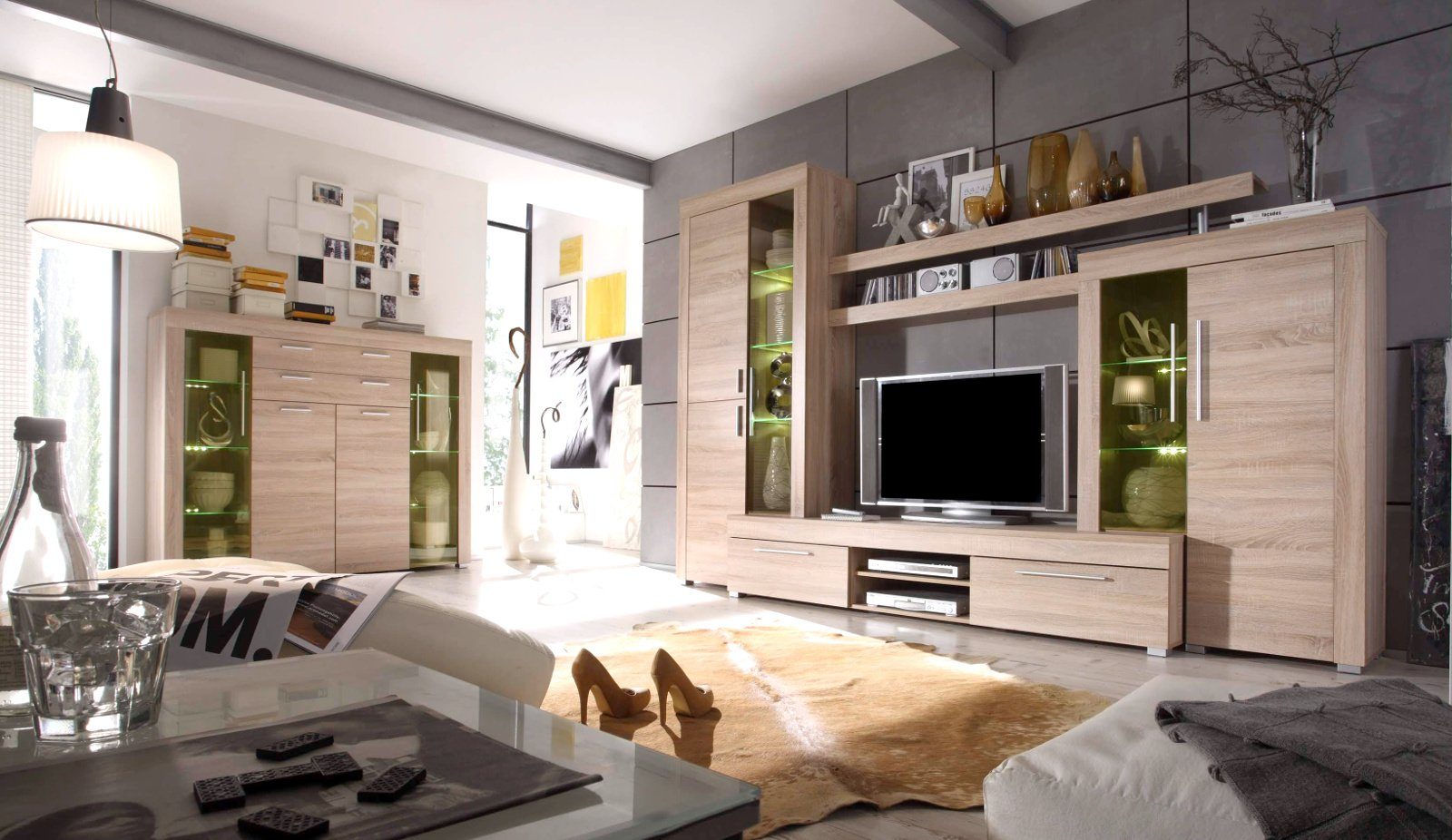 trendteam Wohnwand Boom, (Schrankwand Eiche Sonoma Dekor, 308 x 210), inklusive LED Beleuchtung