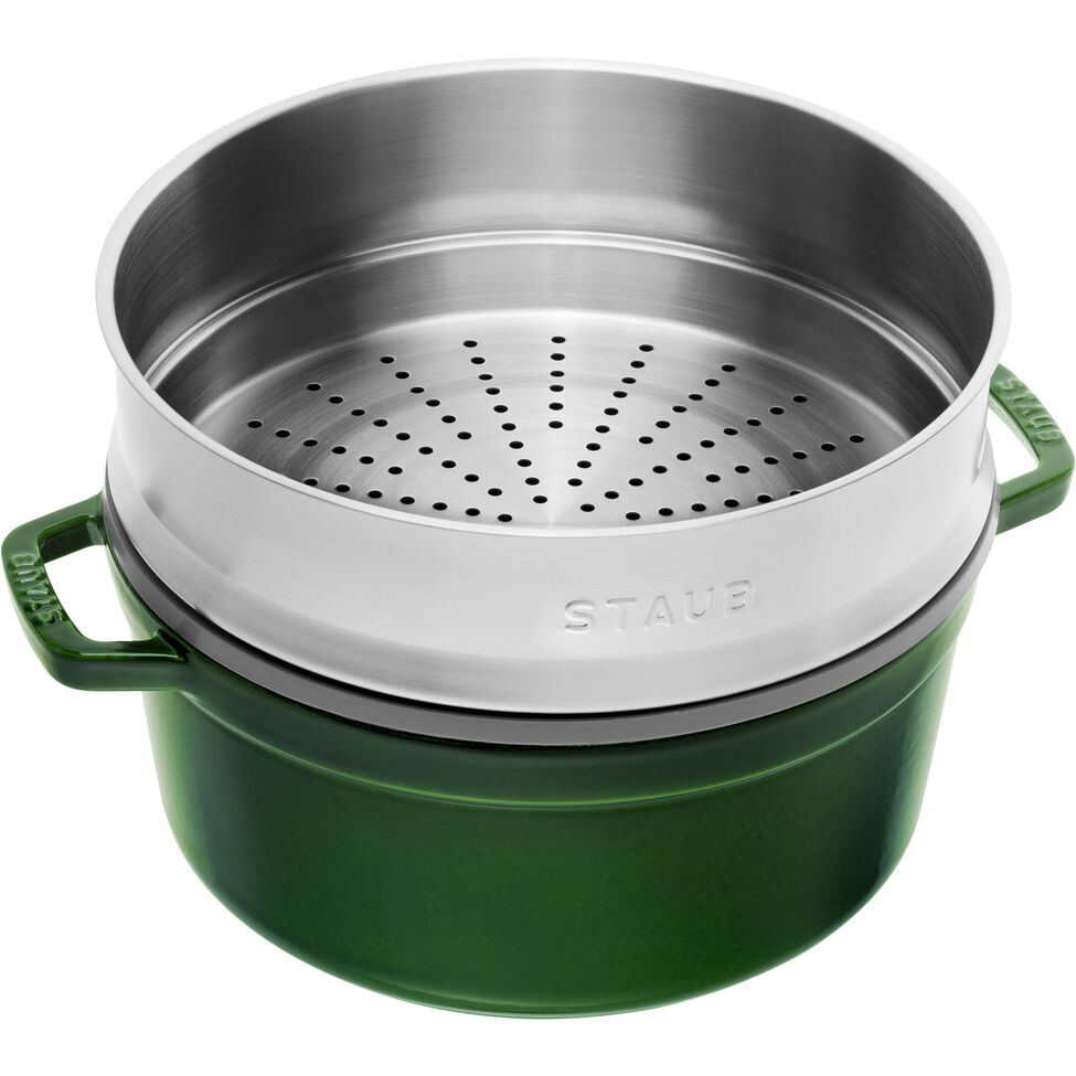 Cocotte mit Dämpfeinsatz 26 cm, rund, Basilikum-Grün, Gusseisen