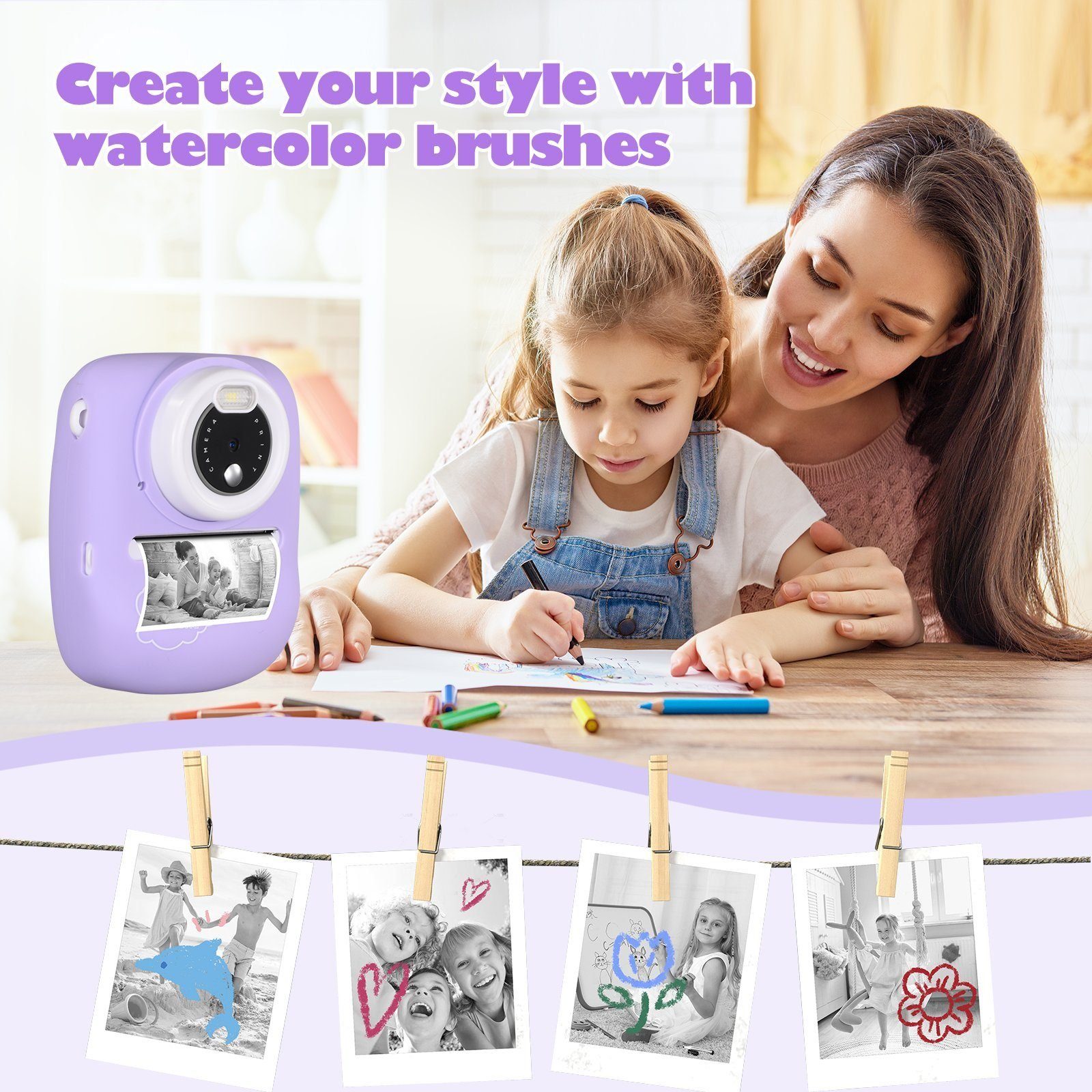DOTMALL CD-P01B Kinderkamera (30 MP, 16x opt. Zoom, WLAN (Wi-Fi) Kinderkamera (inkl. 6 farbigen Pinselstiften + 2 Rollen Druckpapier + Aufkleber, Videoaufnahmen mit Ton in Full HD, 30 MP, 16x opt. Zoom, WLAN (Wi-Fi), Zusätzliche 32 GB SD-Speicherkart
