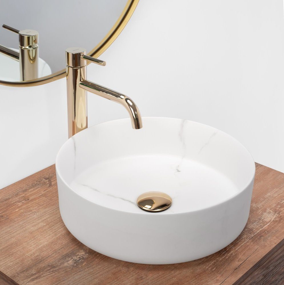 Badezimmer Rea Aufsatzwaschbecken Waschbecken Keramik Sami Marble Ø36,5cm Naturstein Marmoroptik