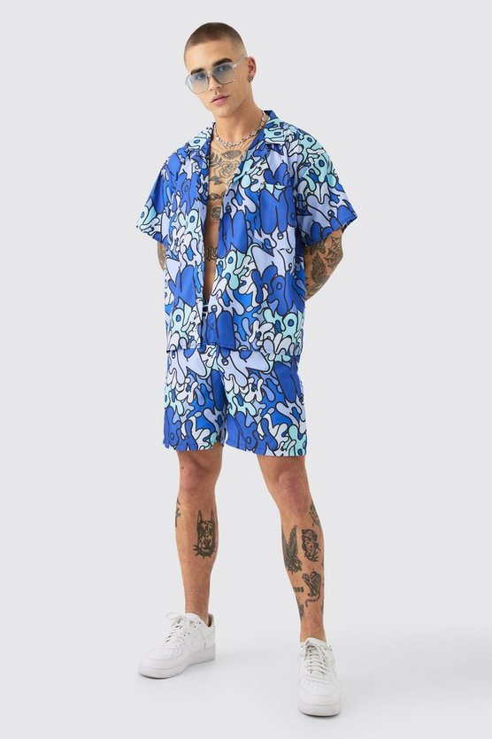 Kastiges Ripstop Hemd mit Graffiti-Print & Badehose