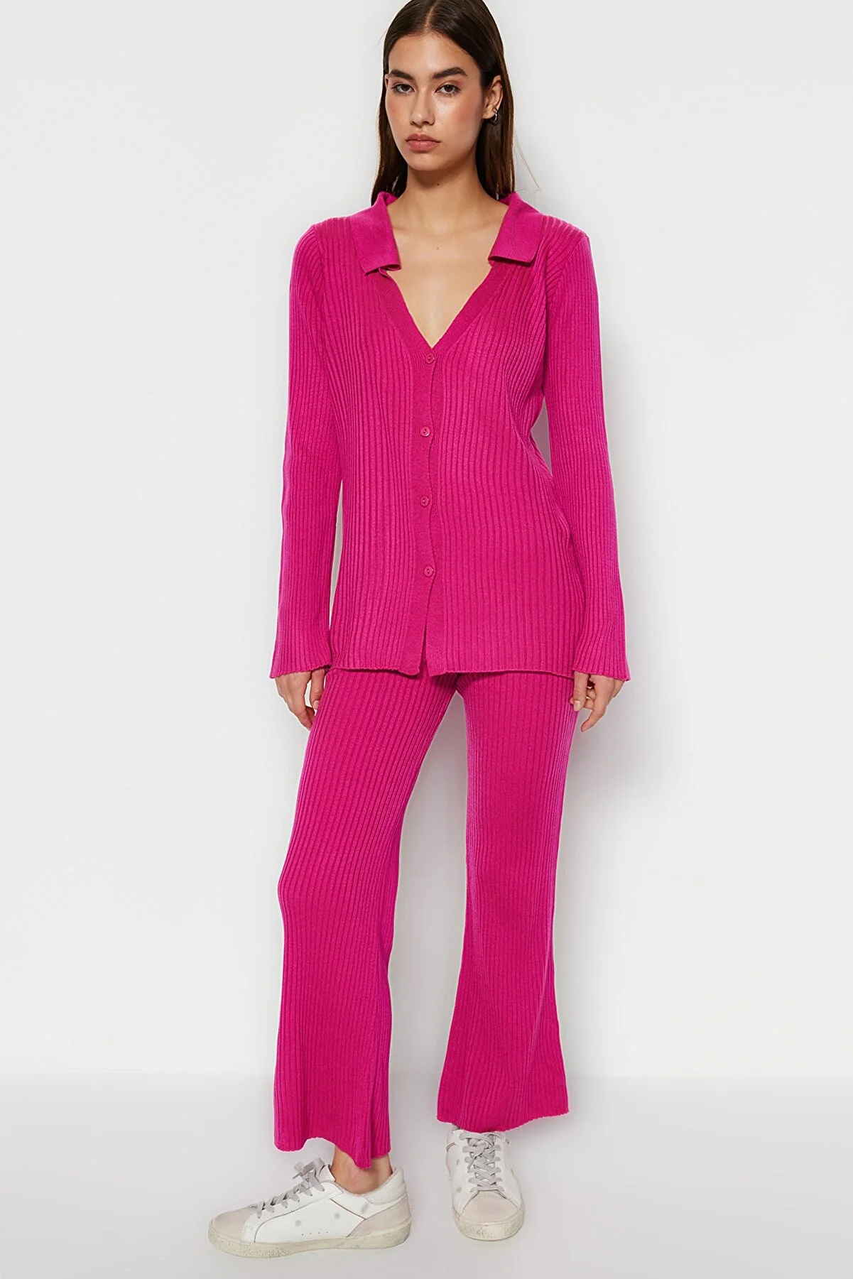 Trendyol Collection  Fuchsia Basic Strickoberteil und -unterteil im Set mit Polokragen TWOAW23AU00007