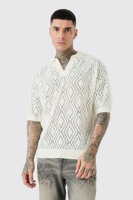 Tall kurzärmliges kastiges Strick-Poloshirt in Ecru
