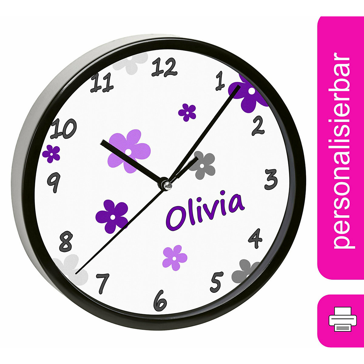 Kinder Wanduhr personalisiert mit Name Blumen Lila-Grau