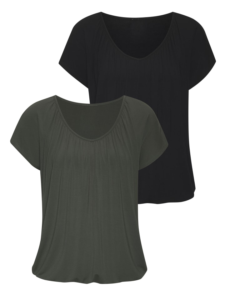LASCANA Kurzarmshirt in graugrün, schwarz günstig kaufen