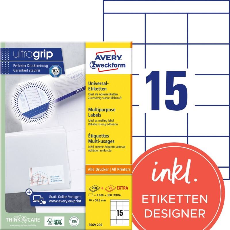 AVERY Zweckform ultragrip Laser Universaletiketten 3669-200 Selbsthaftend DIN A4 Weiß 70 x 50,8 mm 220 Blatt à 15 Etiketten