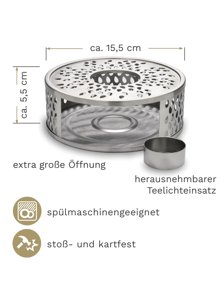Creano Teekanne 1,2l bauchig   Edelstahl-Stövchen „Leaf silber“ im Set günstig kaufen onesize