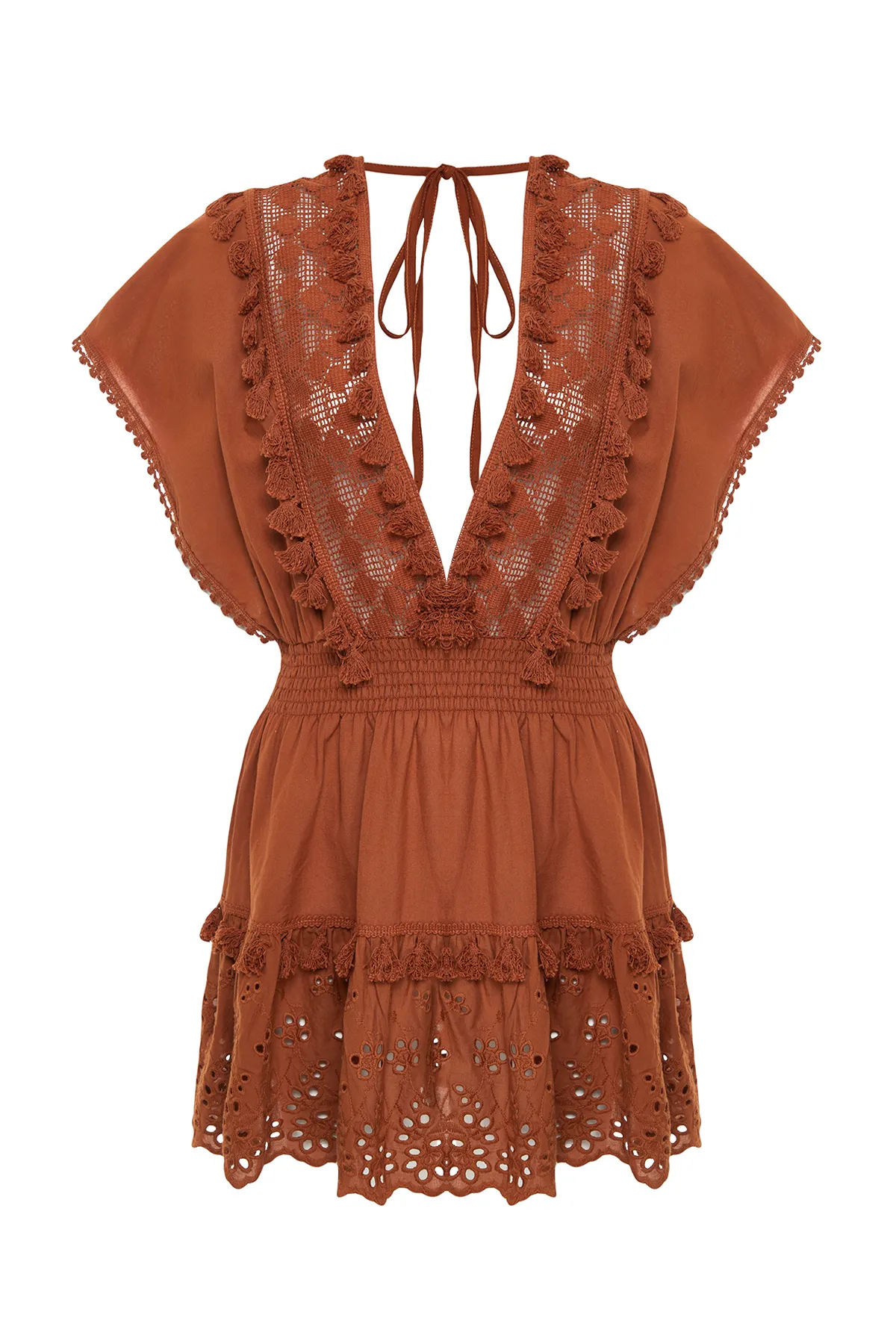Trendyol Collection  Braunes Mini-Strandkleid aus 100 % Baumwolle mit gewebten Brode-Details TBESS21EL1248
