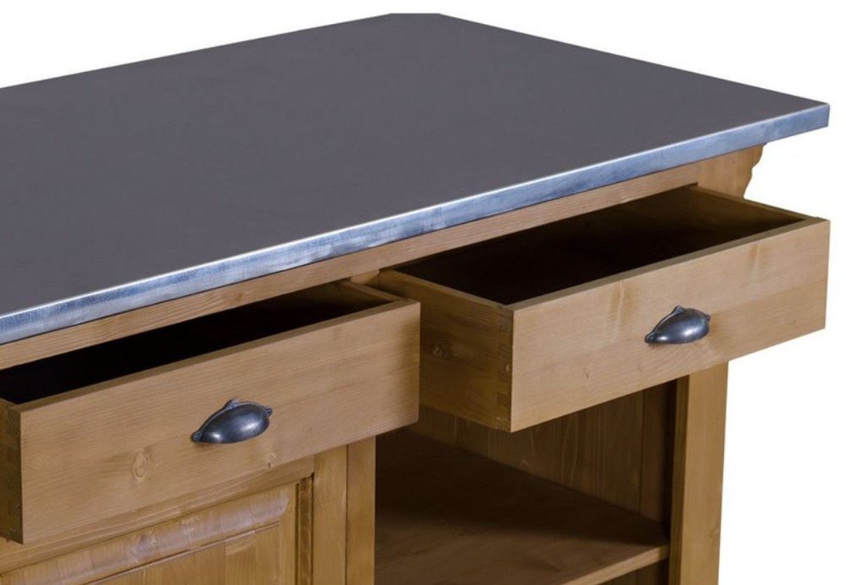 Casa Padrino Barschrank Landhausstil Theke Naturfarben / Silber 140 x 68 x H. 95 cm - Massivholz Thekentisch mit verzinkter Tischplatte