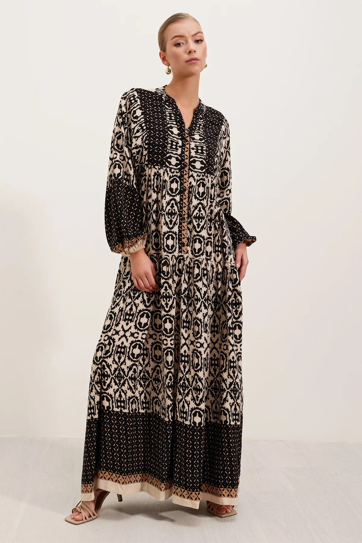 Bigdart  Schwarz-beige gemustertes Viskose-Hijab-Kleid für Damen 2423