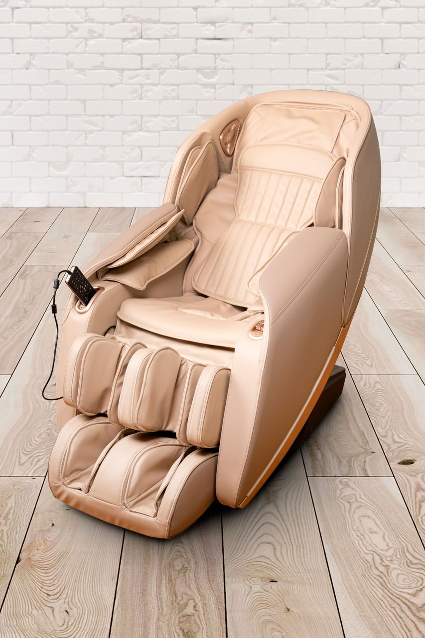 PureHaven Massage-Sessel 180x77x55 cm Knet- und Klopfmassage Heizfunktion Bluetooth USB Sprachsteuerung beige PU-Leder Fuß- Rücken- und Gesäßmassage