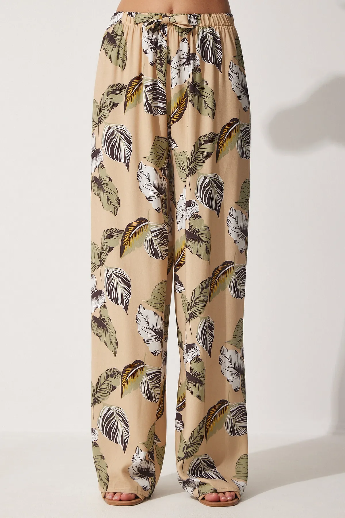 Happiness İstanbul  Beige-grüne Sommerhose aus lockerer Viskose mit hoher Taille für Damen BH00354