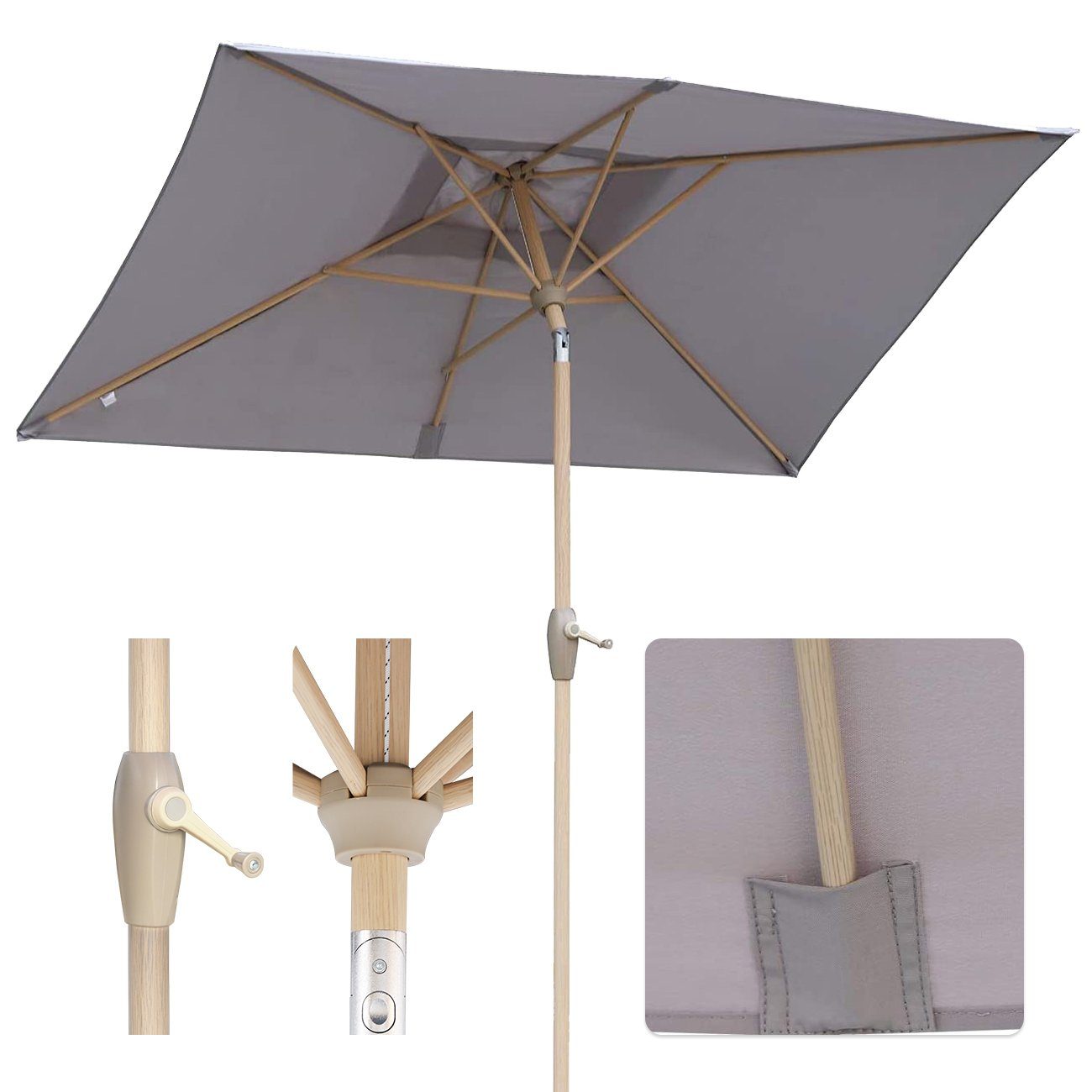 Sekey Sonnenschirm 210 x 140cm Aluminium Sonnenschirm Rechteckig Balkonschirm UV50+, LxB: 210,00x140,00 cm, Gartenschirm in Holzoptik, Marktschirm rechteckig, mit Kurbel