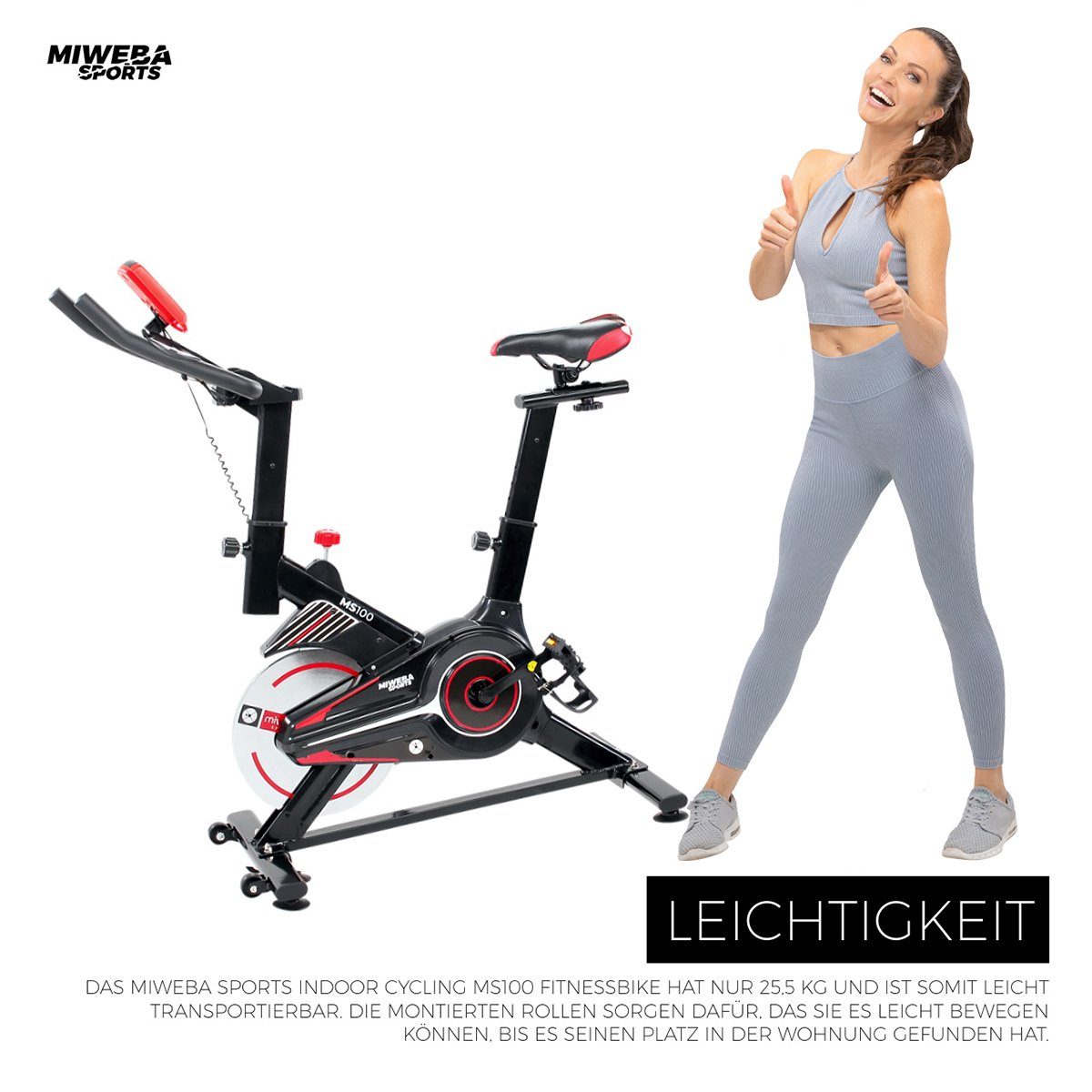 Miweba Sports Speedbike Profi Indoor Cycle Bike MS100 - 10 Kg Schwungmasse (Sportgeräte für zu hause, Heimtrainer Fahrrad, Trimmrad, Fahrradtrainer, Cardio, Sport, Training, Ganzkörpertraining, LCD Display, Pulsmesser, 2in1 Schlaufenpedale, Not-Stopp