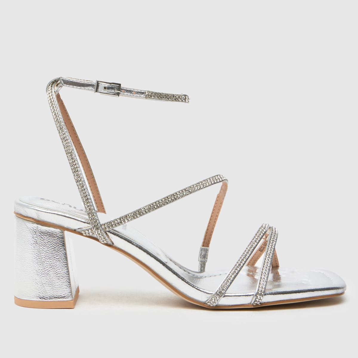 Schuh – Sully – Silverfärgade höga klackar med utsmyckade blockmönster