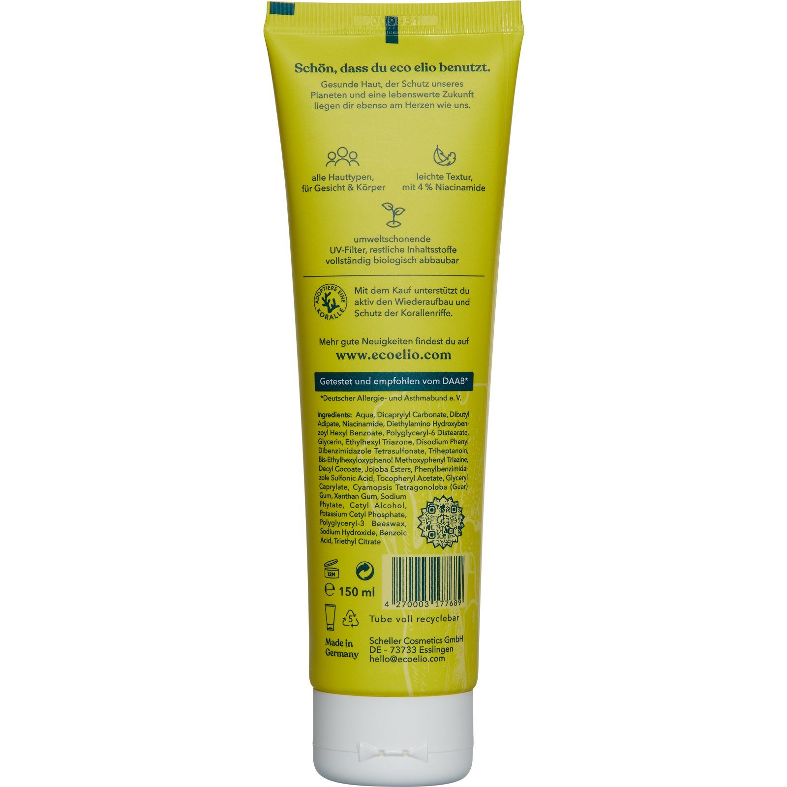 eco elio Sonnenschutzcreme hautverträglich, Tube 150ml, LSF 50, Tube, LSF50, SPF50, schnell einziehend, nachhaltig, Eco Produkt & Verpackung